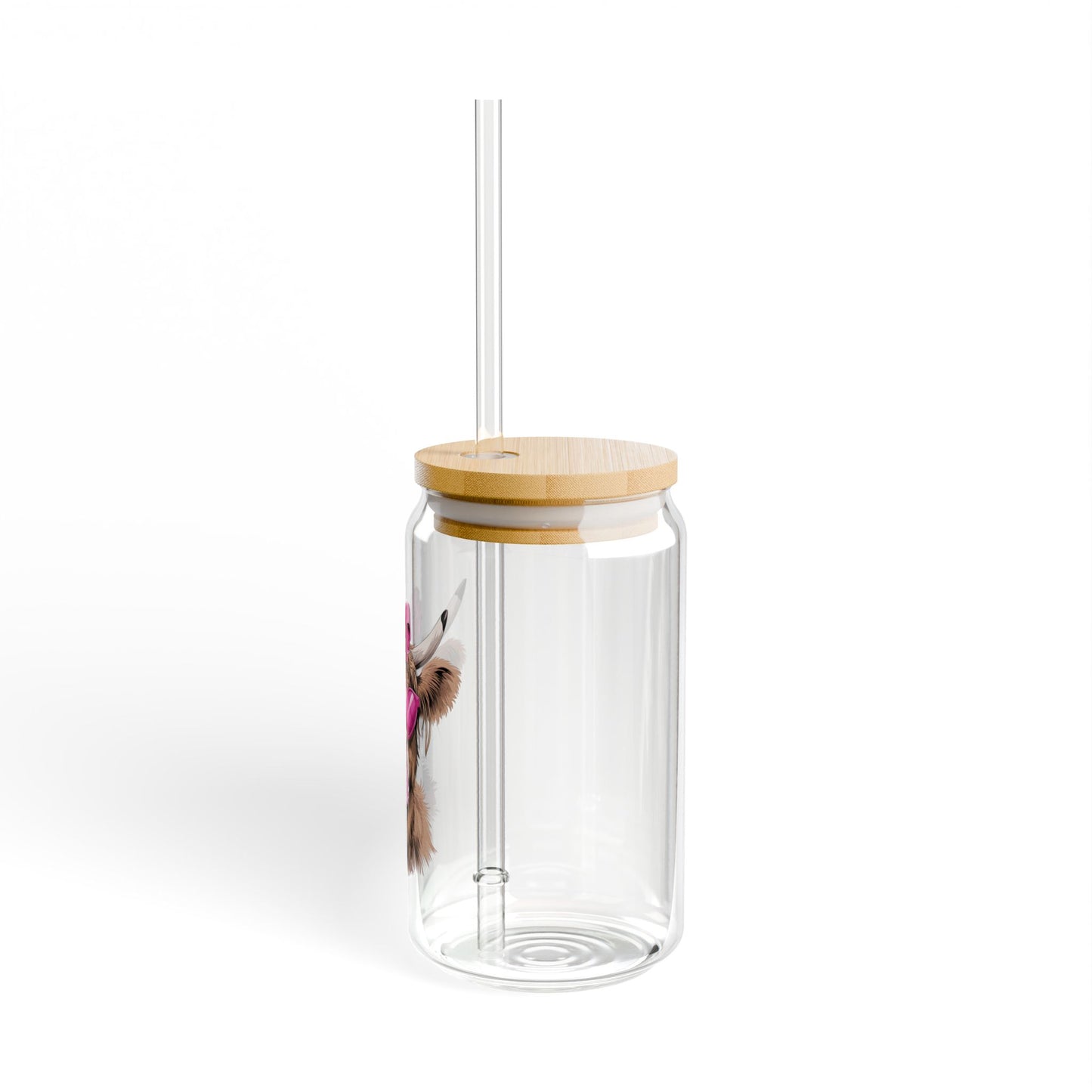 Pink Highland Cow Sipper Glass 16 oz with Lid & Straw