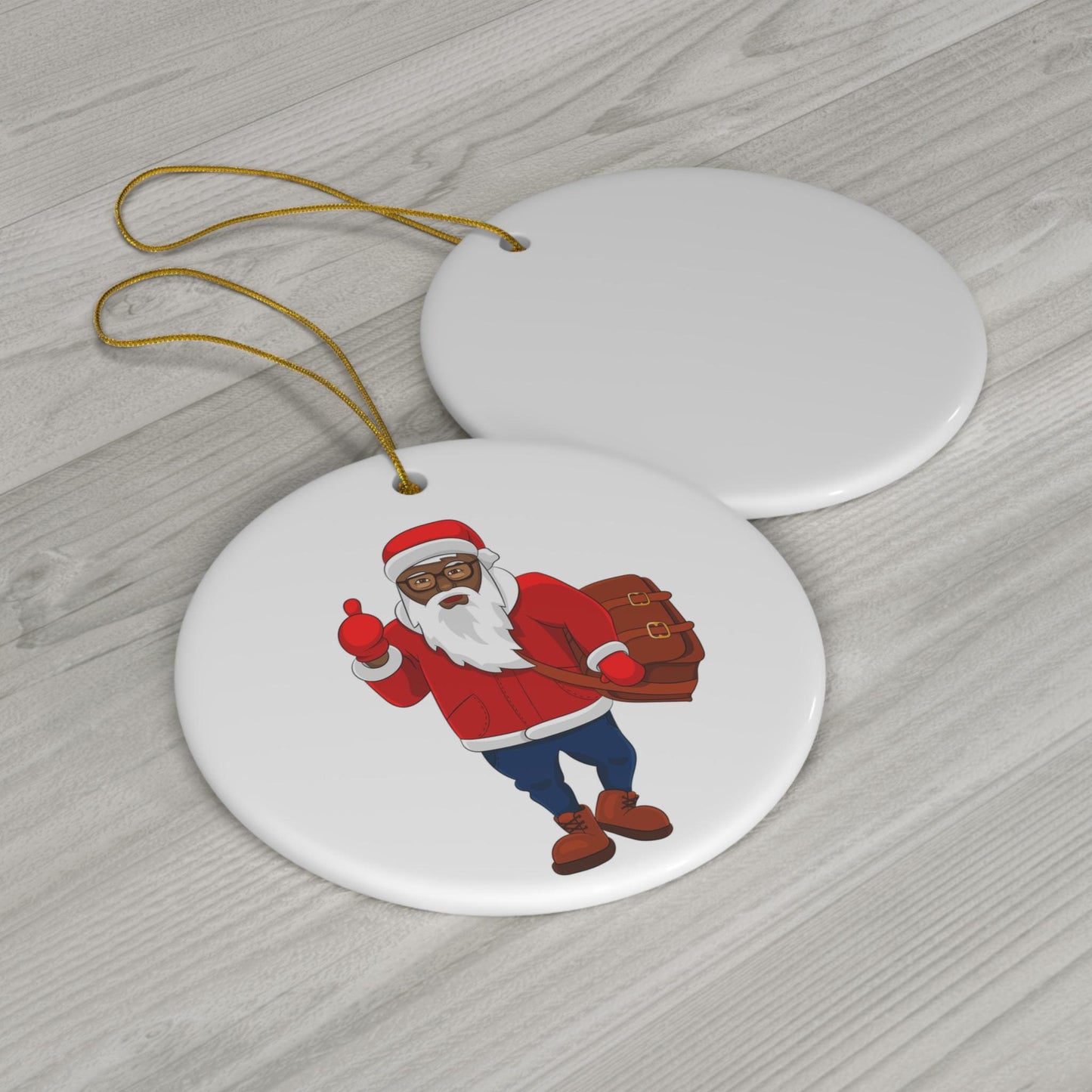 Black Santa Christmas Ornament, Santa Hitchhiking Ceramic Ornament, Christmas Decoration, Festive Holiday Gift, Vibrant