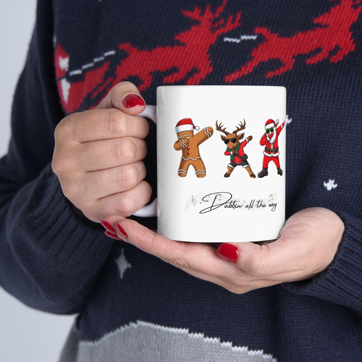 Dabbin Santa Ceramic Mug, Christmas Mug, Santa, Reindeer, and Gingerbread Design, Perfect for Gifting, Wintertime Coffee Cup, Holiday Cheers