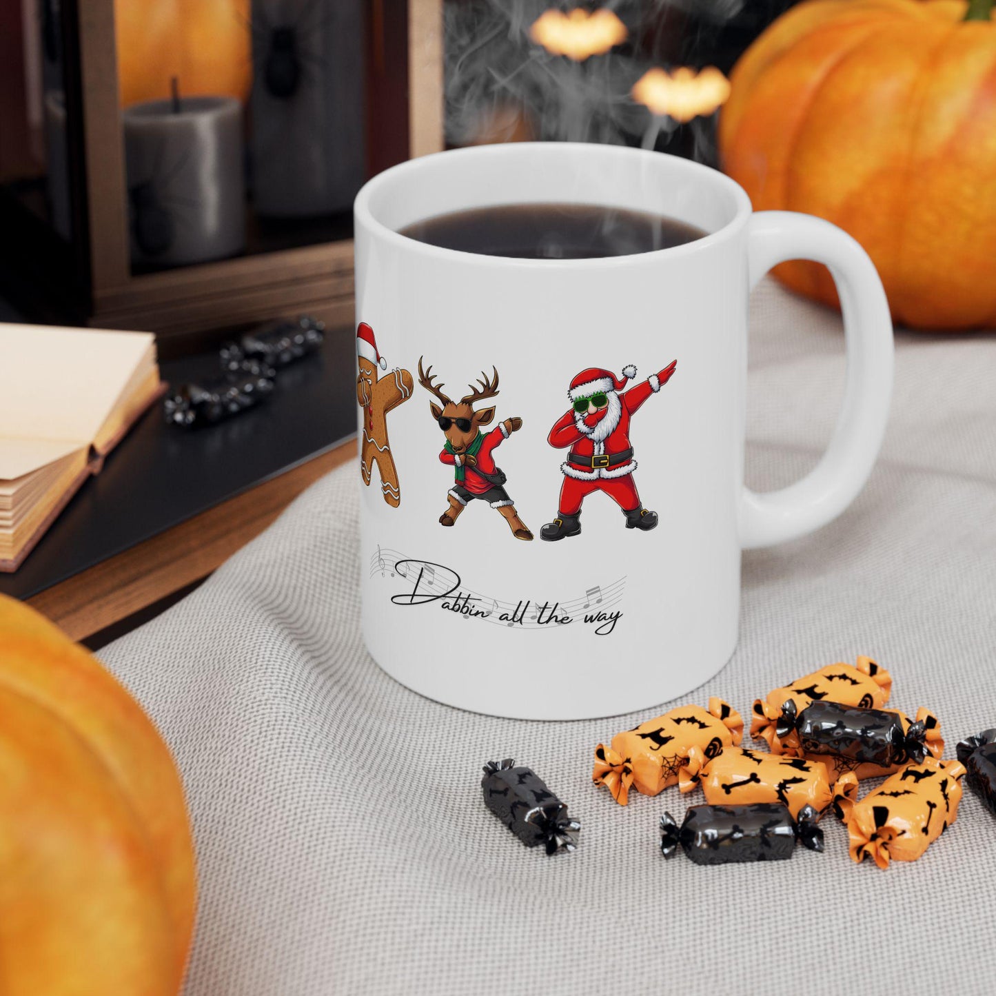 Dabbin Santa Ceramic Mug, Christmas Mug, Santa, Reindeer, and Gingerbread Design, Perfect for Gifting, Wintertime Coffee Cup, Holiday Cheers