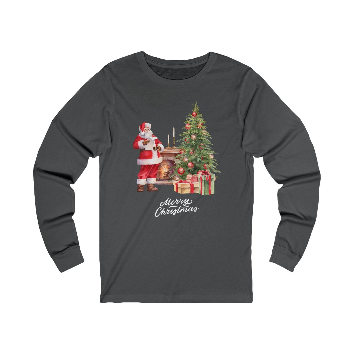 Christmas Storybook Santa Unisex Long Sleeve Tee, Fireplace Tree Picture, Holiday Season Apparel, Xmas Gift Shirt, Festive Winter Wear