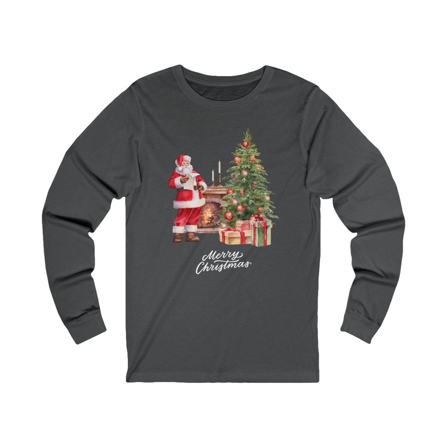 Christmas Storybook Santa Unisex Long Sleeve Tee, Fireplace Tree Picture, Holiday Season Apparel, Xmas Gift Shirt, Festive Winter Wear