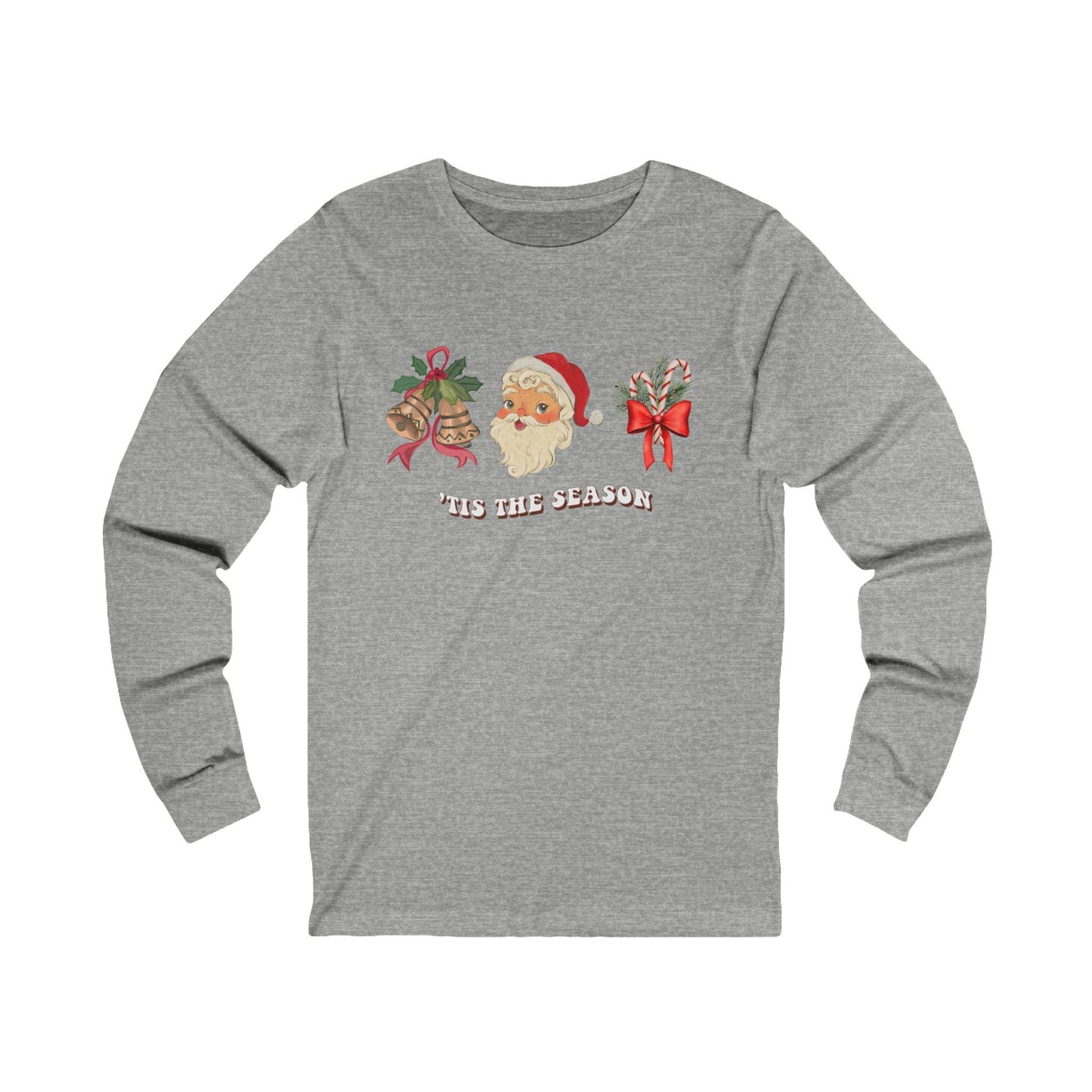 Christmas 'Tis the Season Santa Unisex Long Sleeve Tee - Holiday Candy Cane Shirt, Machine Washable - Red Ribbon Gold Bells, Xmas Gift Top,