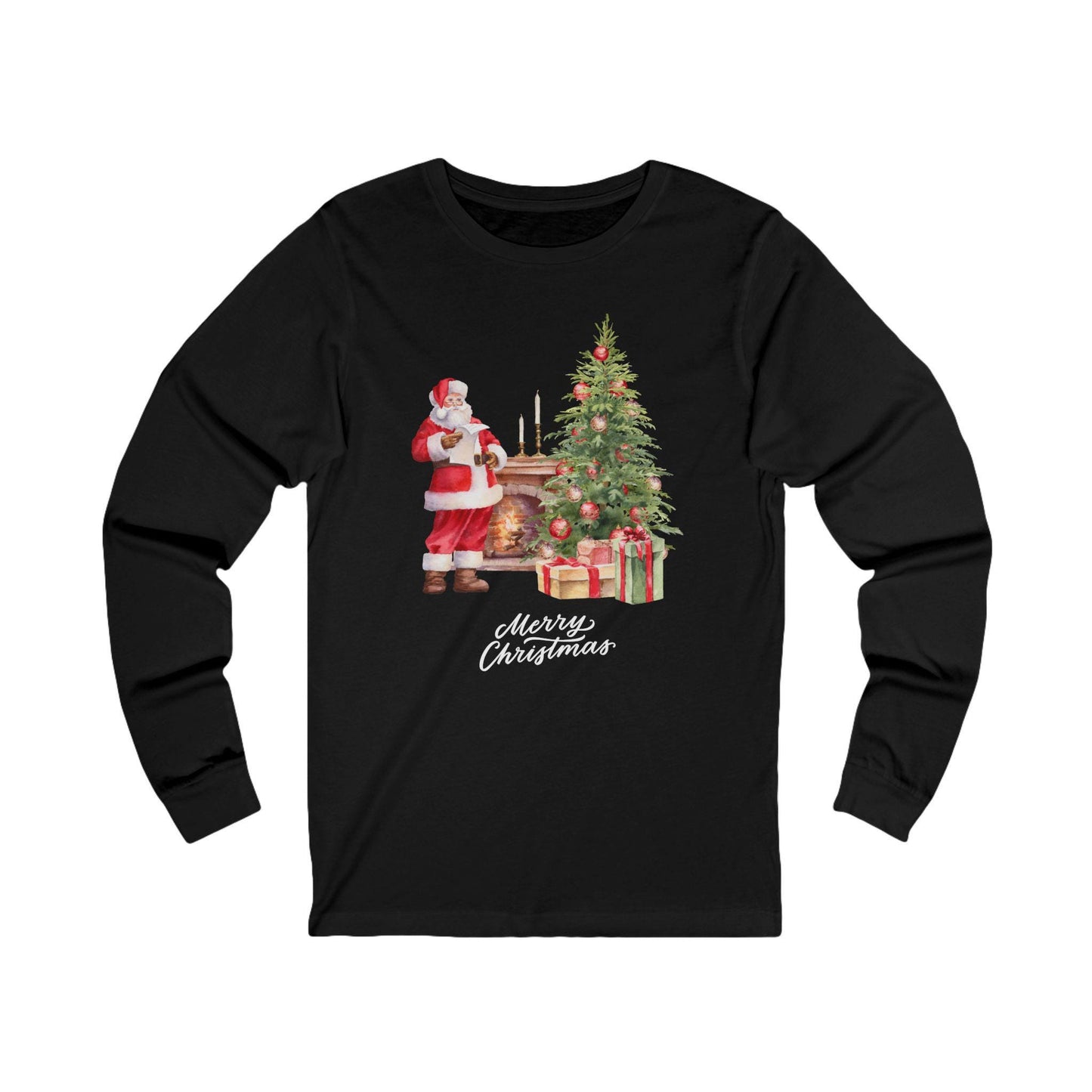 Christmas Storybook Santa Unisex Long Sleeve Tee, Fireplace Tree Picture, Holiday Season Apparel, Xmas Gift Shirt, Festive Winter Wear