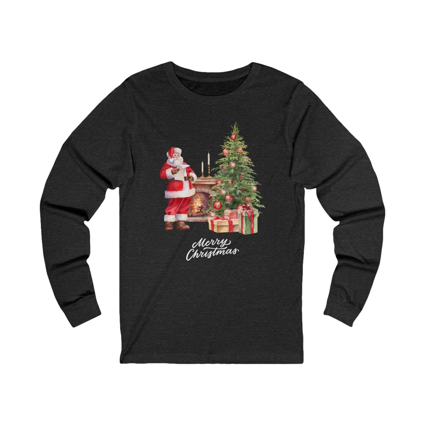 Christmas Storybook Santa Unisex Long Sleeve Tee, Fireplace Tree Picture, Holiday Season Apparel, Xmas Gift Shirt, Festive Winter Wear