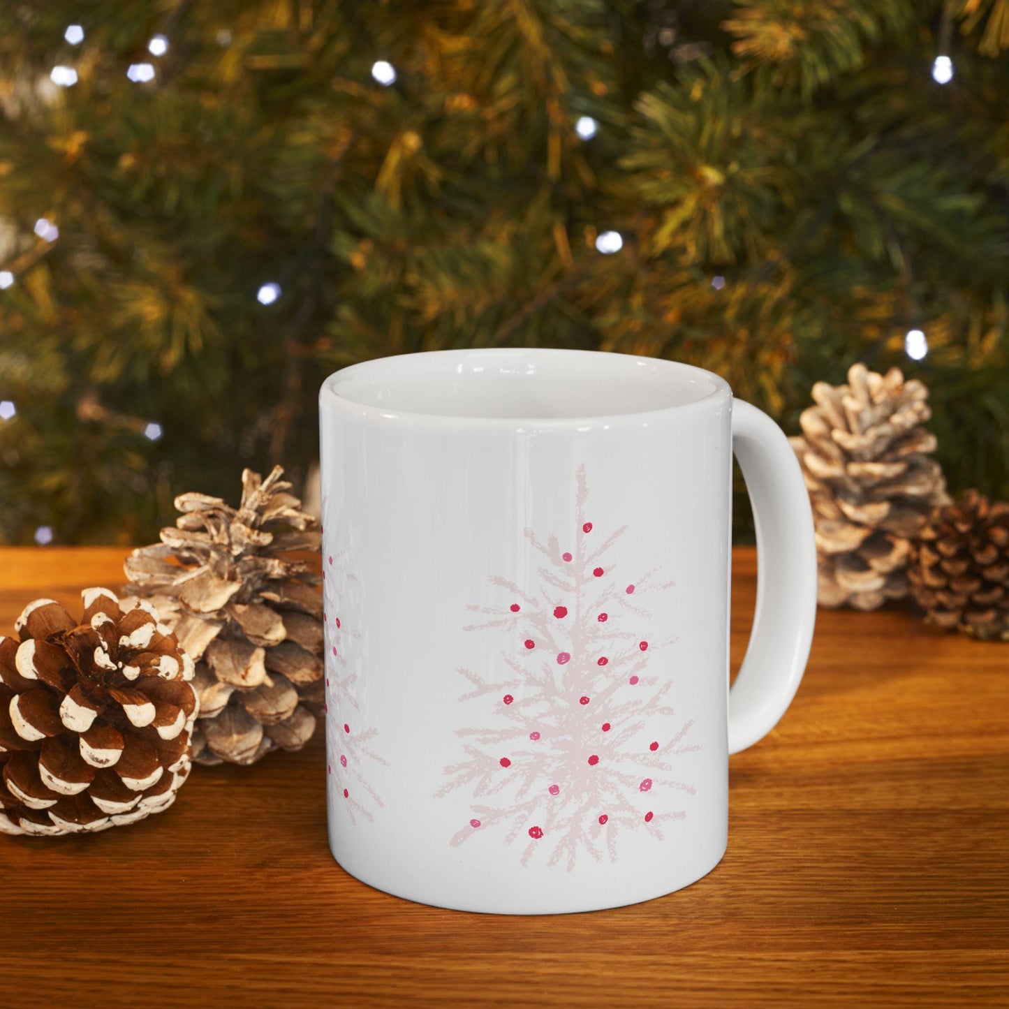 Whimsical pink Christmas Tree Mug, Merry Christmas mug, pink Christmas