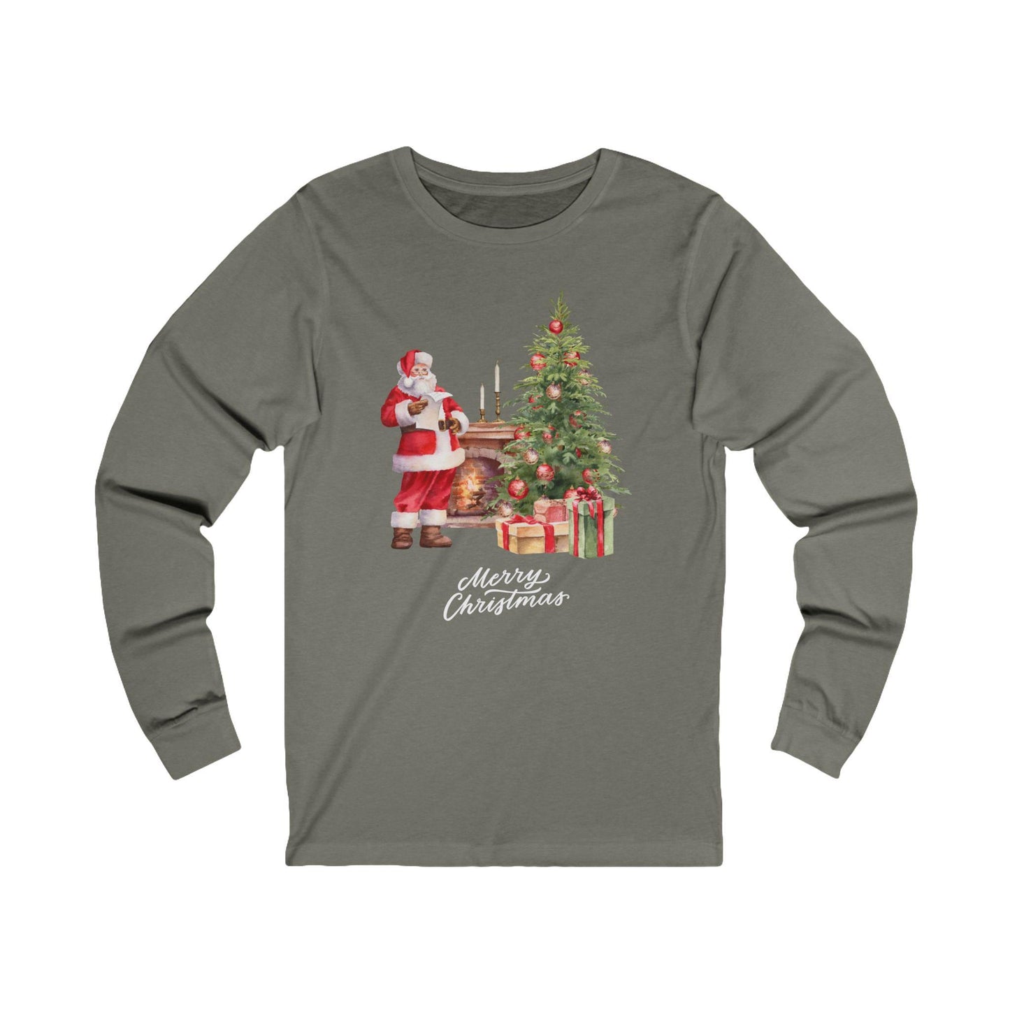 Christmas Storybook Santa Unisex Long Sleeve Tee, Fireplace Tree Picture, Holiday Season Apparel, Xmas Gift Shirt, Festive Winter Wear