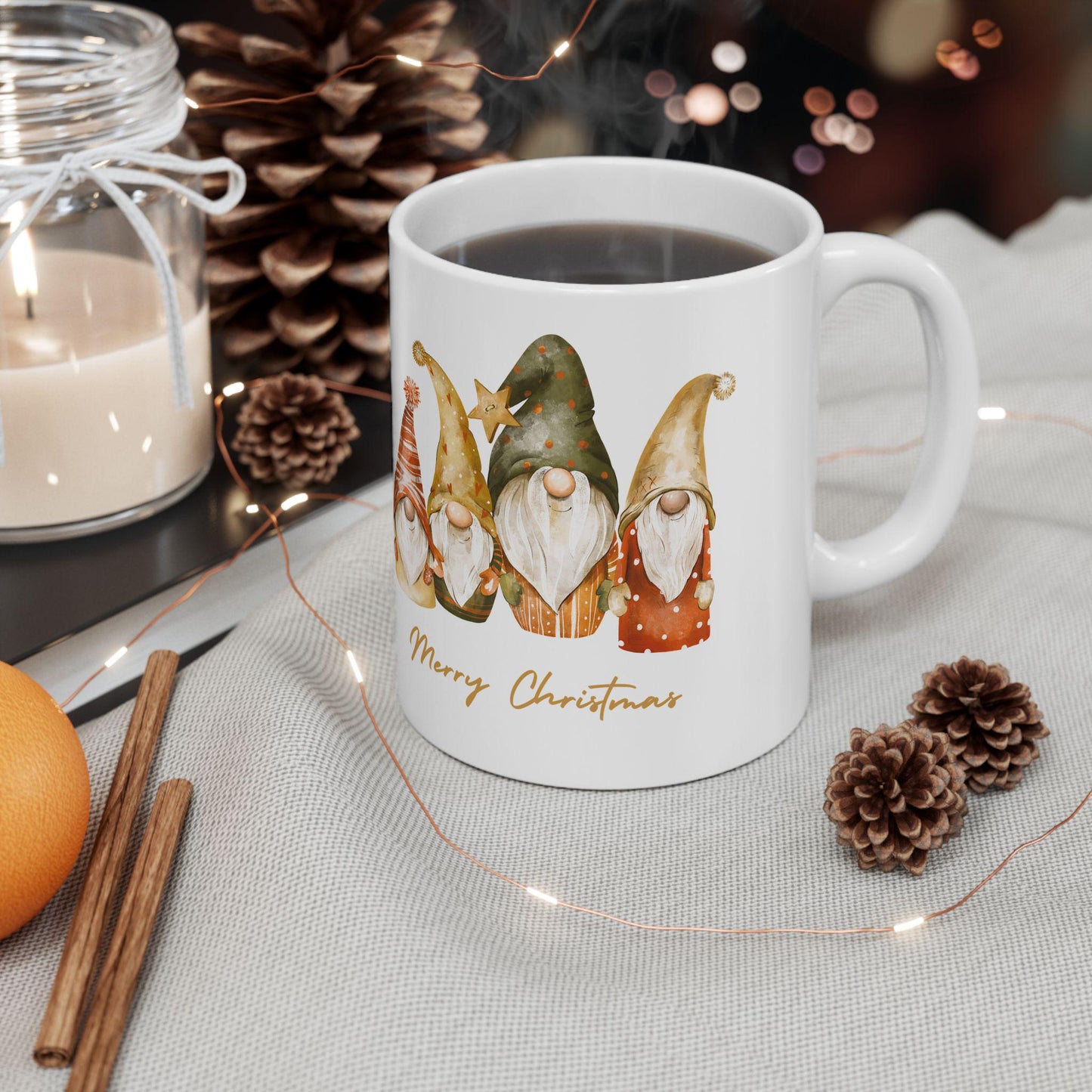 Whimsical Christmas Gnome Ceramic Mug, Cozy Coffee Cup, Gnome Decor, Holiday Gift, Merry Christmas Mug, Seasonal Beverage Drinkware