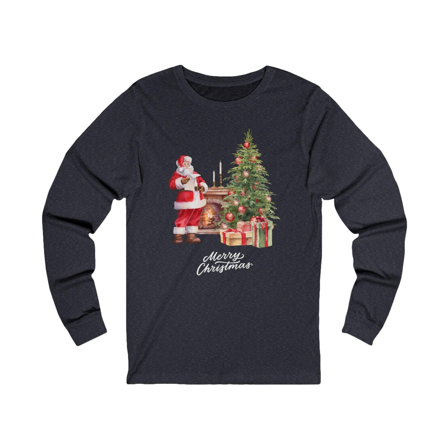 Christmas Storybook Santa Unisex Long Sleeve Tee, Fireplace Tree Picture, Holiday Season Apparel, Xmas Gift Shirt, Festive Winter Wear