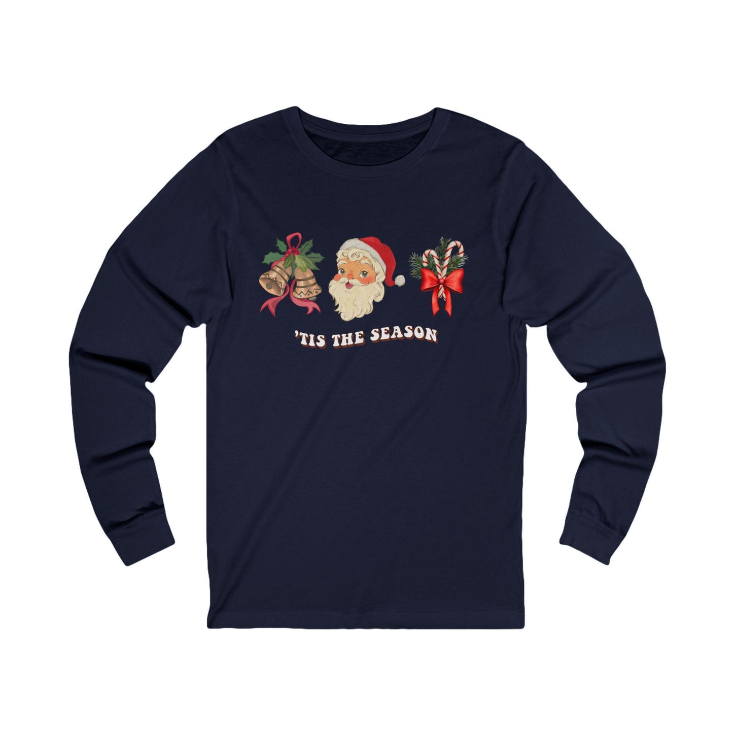 Christmas 'Tis the Season Santa Unisex Long Sleeve Tee - Holiday Candy Cane Shirt, Machine Washable - Red Ribbon Gold Bells, Xmas Gift Top,