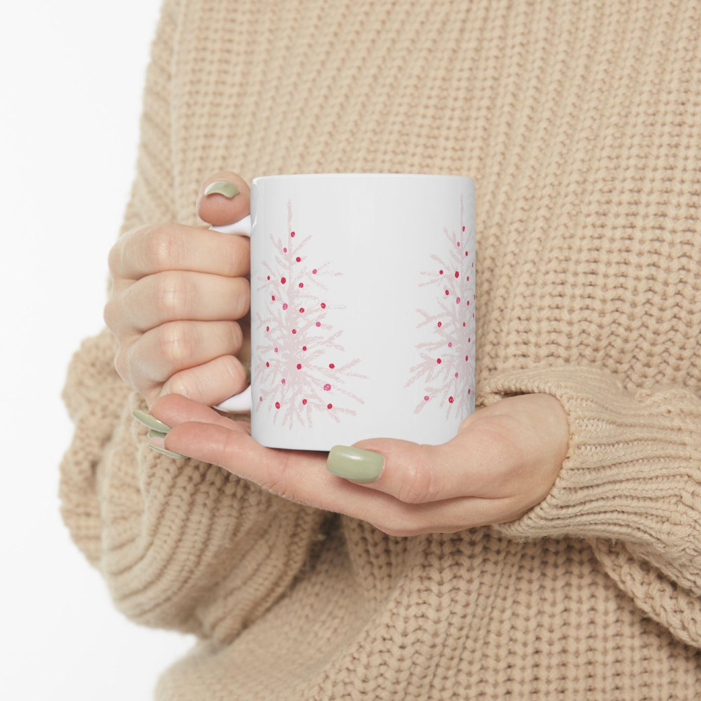 Whimsical pink Christmas Tree Mug, Merry Christmas mug, pink Christmas