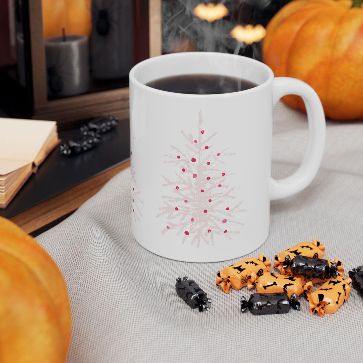 Whimsical pink Christmas Tree Mug, Merry Christmas mug, pink Christmas