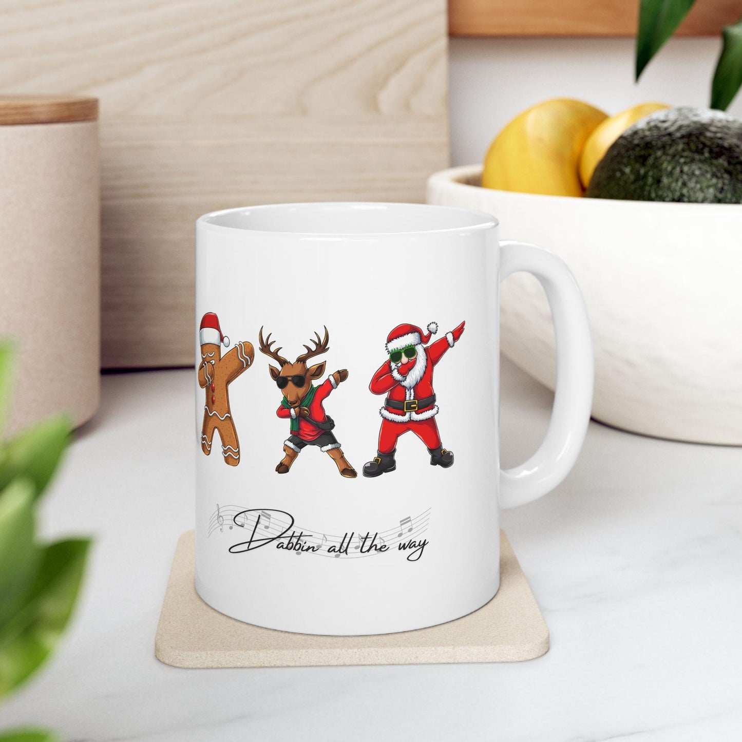 Dabbin Santa Ceramic Mug, Christmas Mug, Santa, Reindeer, and Gingerbread Design, Perfect for Gifting, Wintertime Coffee Cup, Holiday Cheers