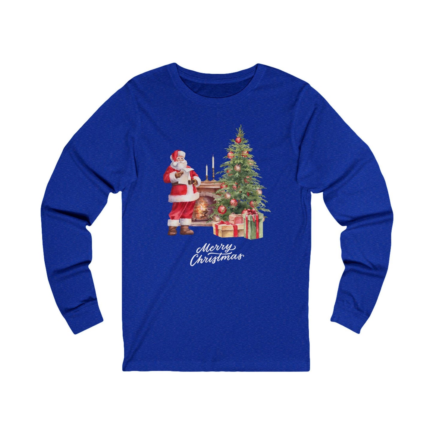 Christmas Storybook Santa Unisex Long Sleeve Tee, Fireplace Tree Picture, Holiday Season Apparel, Xmas Gift Shirt, Festive Winter Wear