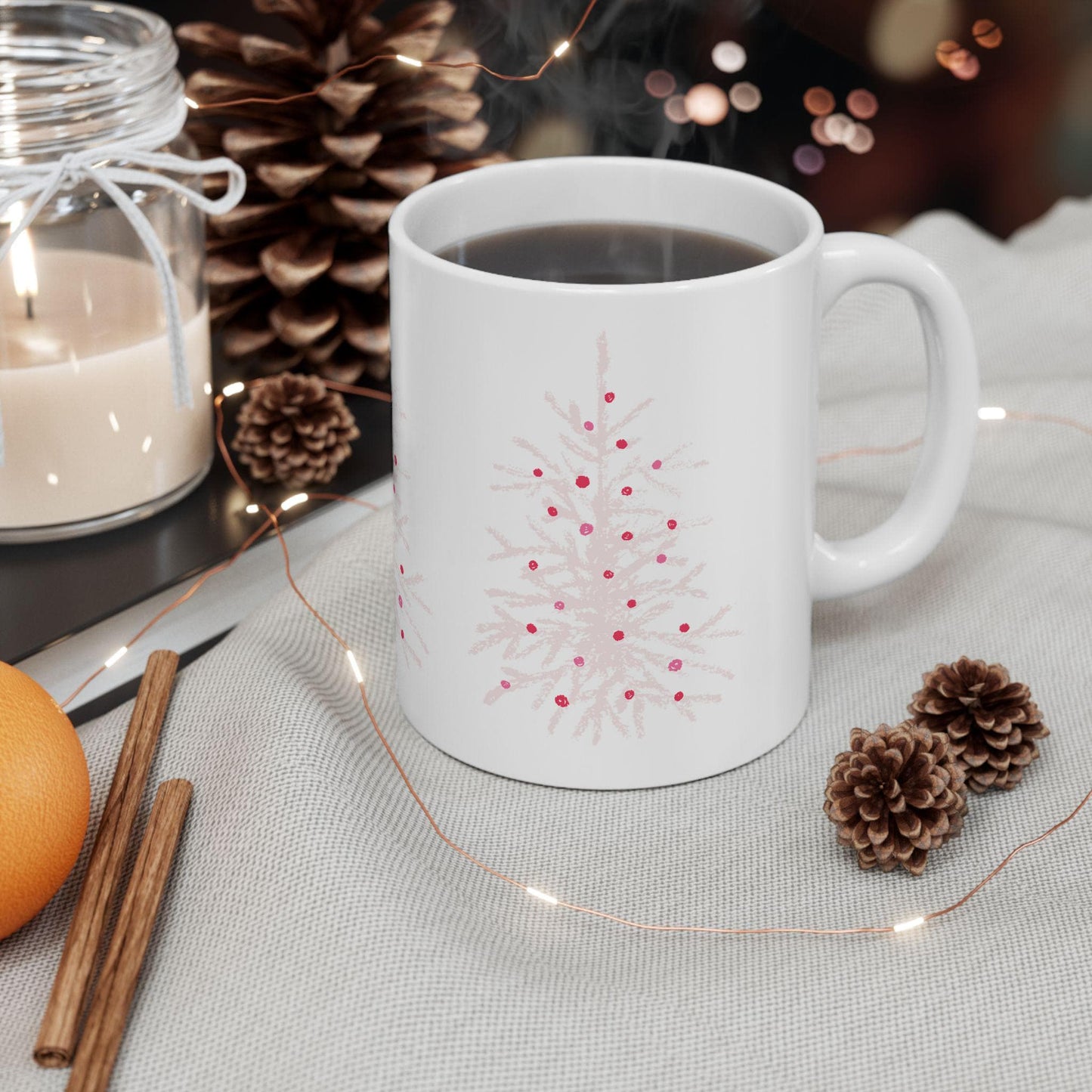 Whimsical pink Christmas Tree Mug, Merry Christmas mug, pink Christmas