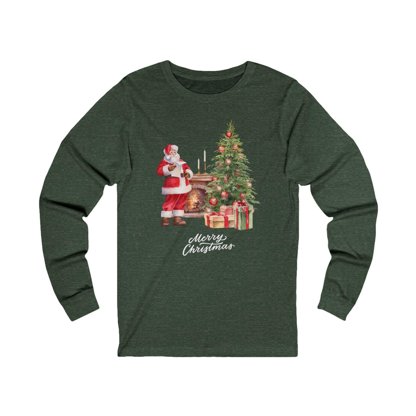 Christmas Storybook Santa Unisex Long Sleeve Tee, Fireplace Tree Picture, Holiday Season Apparel, Xmas Gift Shirt, Festive Winter Wear