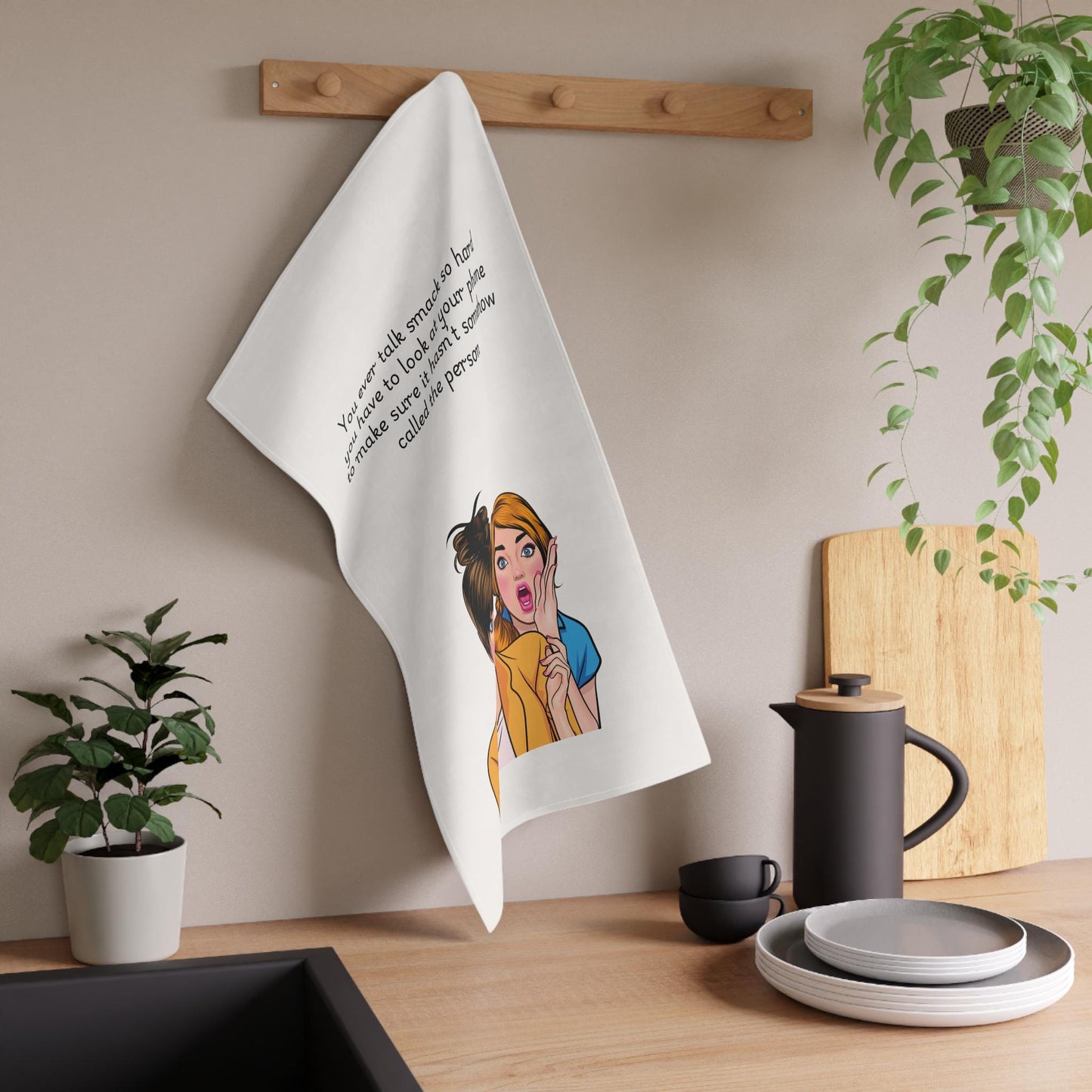 Funny gossip tea towel _ talking smack kitchen towel.