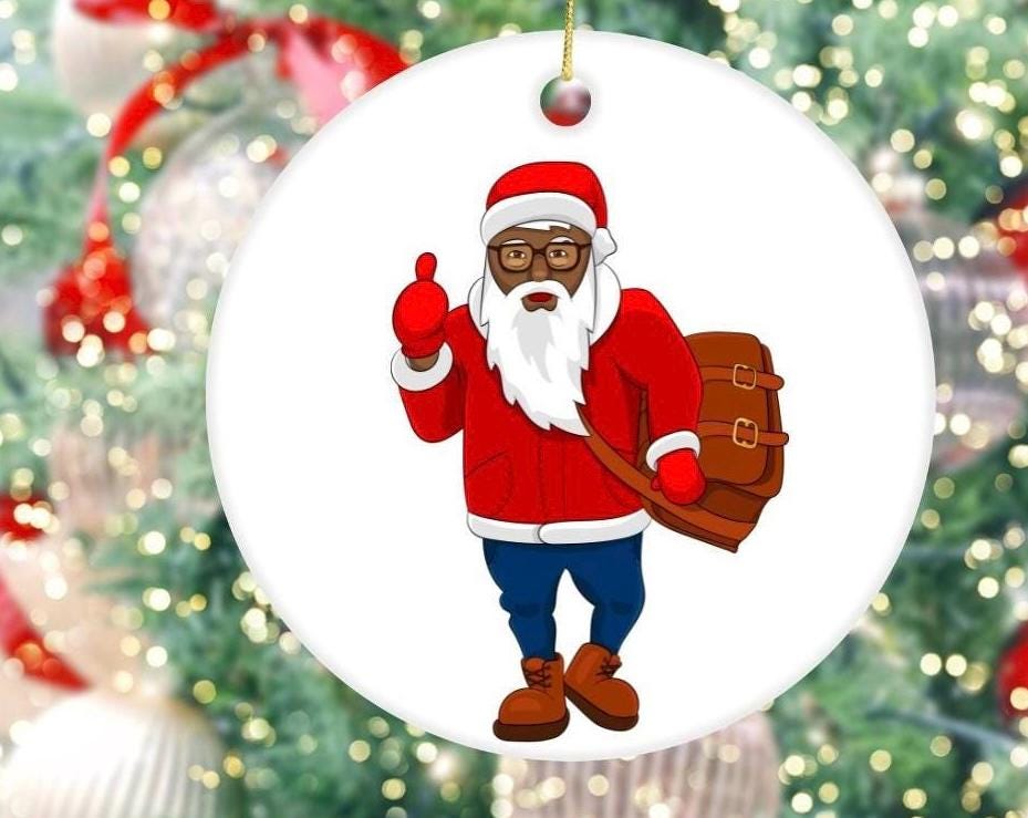 Black Santa Christmas Ornament, Santa Hitchhiking Ceramic Ornament, Christmas Decoration, Festive Holiday Gift, Vibrant