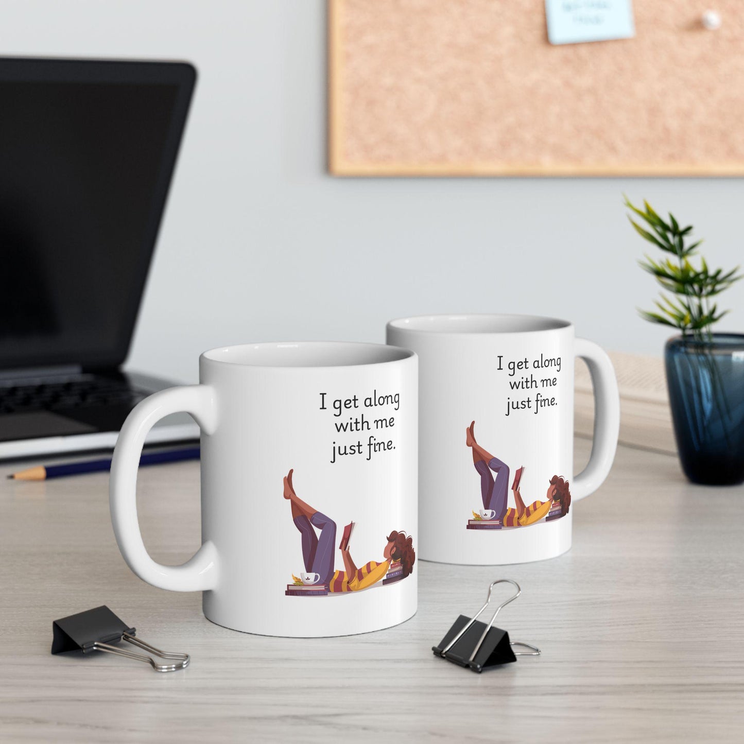 Retro Funny Ceramic Mug - I get along with me just fine Design, Gift for Friends, Coffee Lovers, Birthday, Office Humor