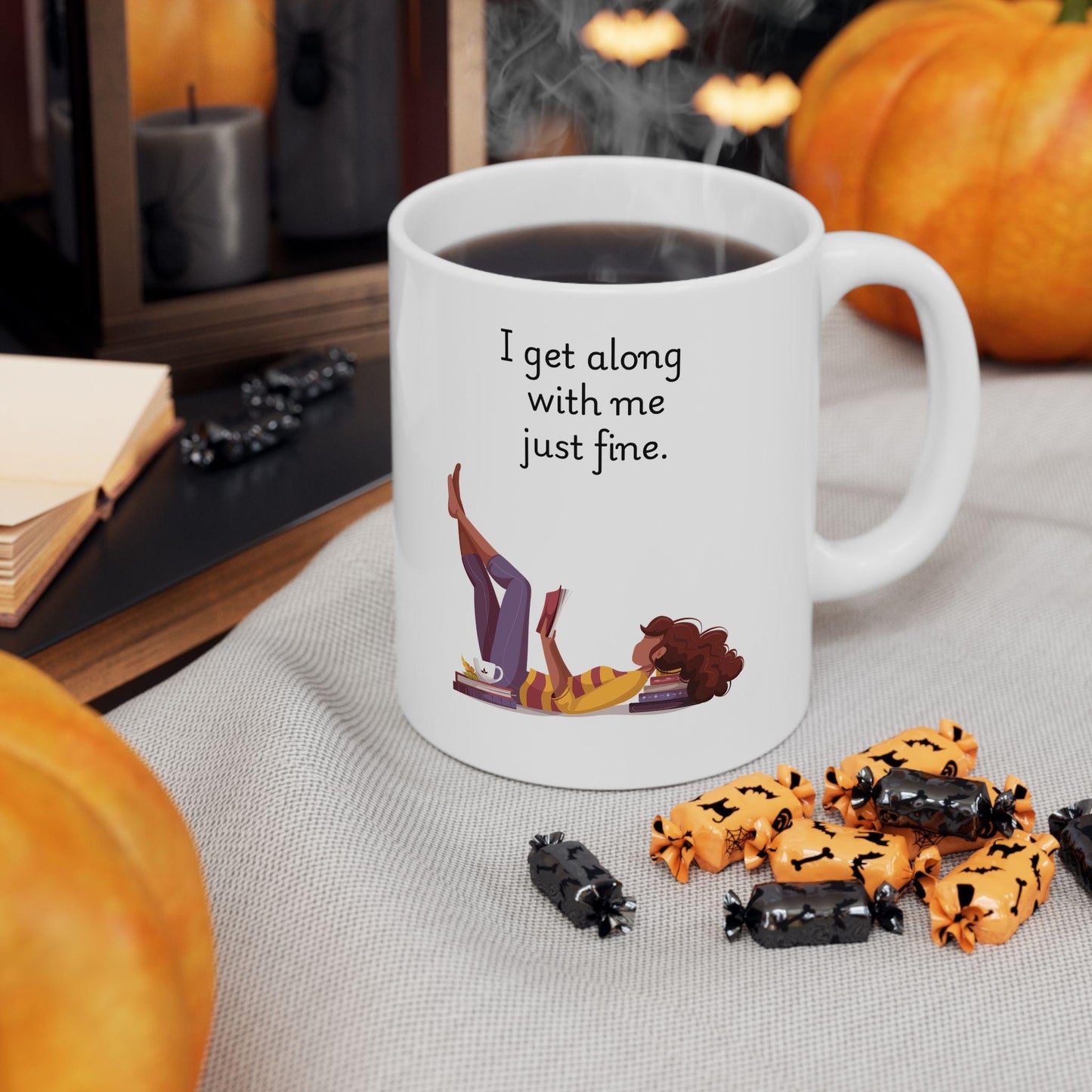 Retro Funny Ceramic Mug - I get along with me just fine Design, Gift for Friends, Coffee Lovers, Birthday, Office Humor