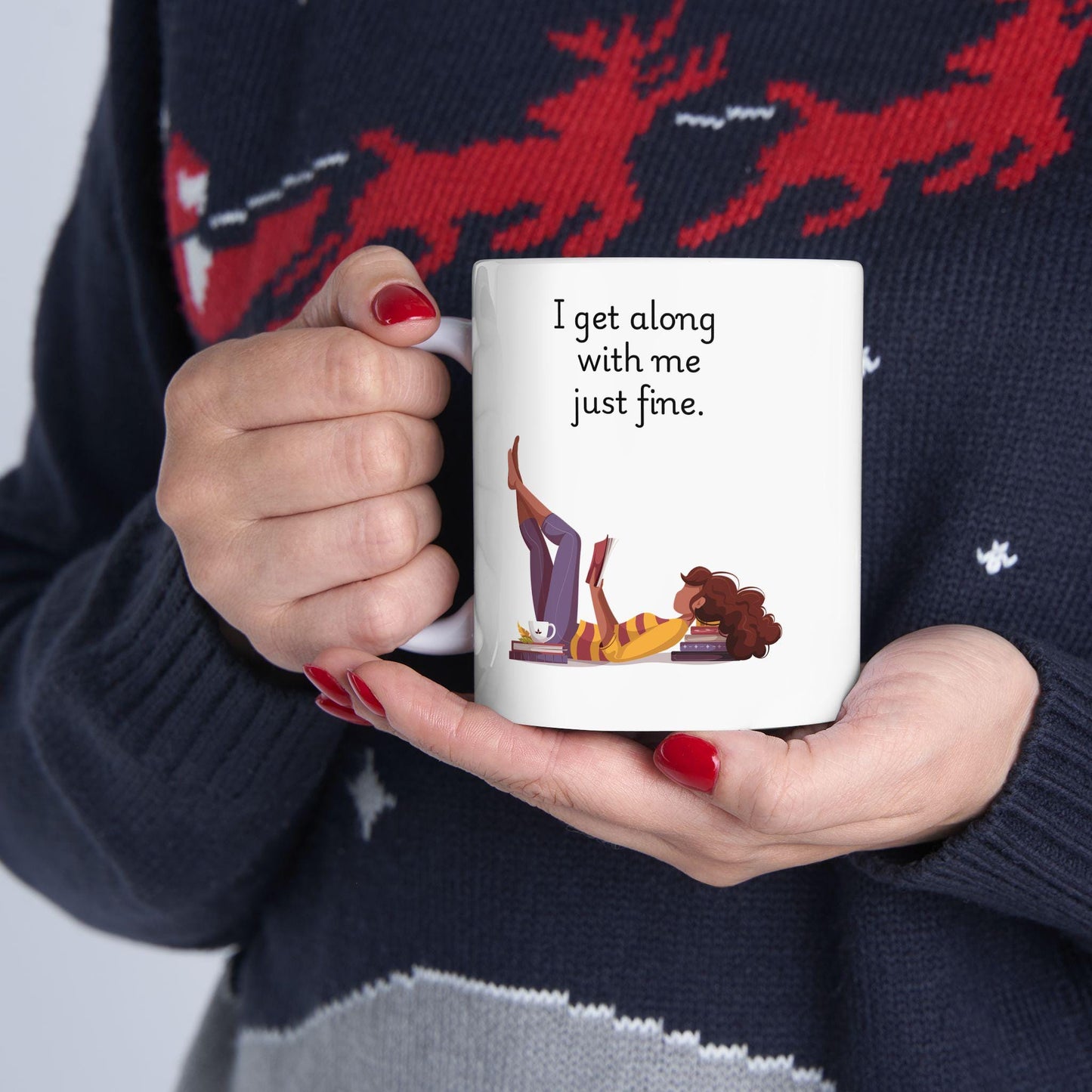 Retro Funny Ceramic Mug - I get along with me just fine Design, Gift for Friends, Coffee Lovers, Birthday, Office Humor