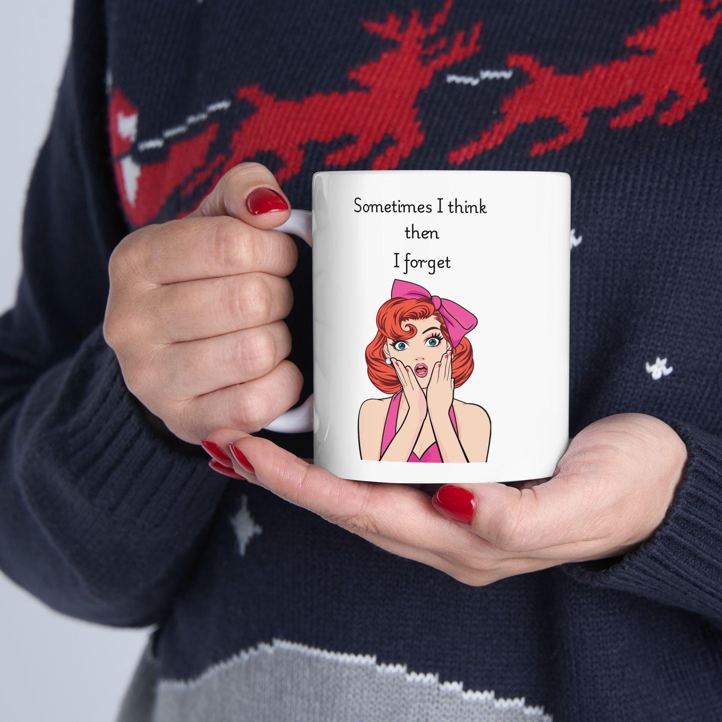 Retro Funny Ceramic Mug - 'Sometimes I Think Then I Forget' Design, Gift for Friends, Coffee Lovers, Birthday, Office Humor.