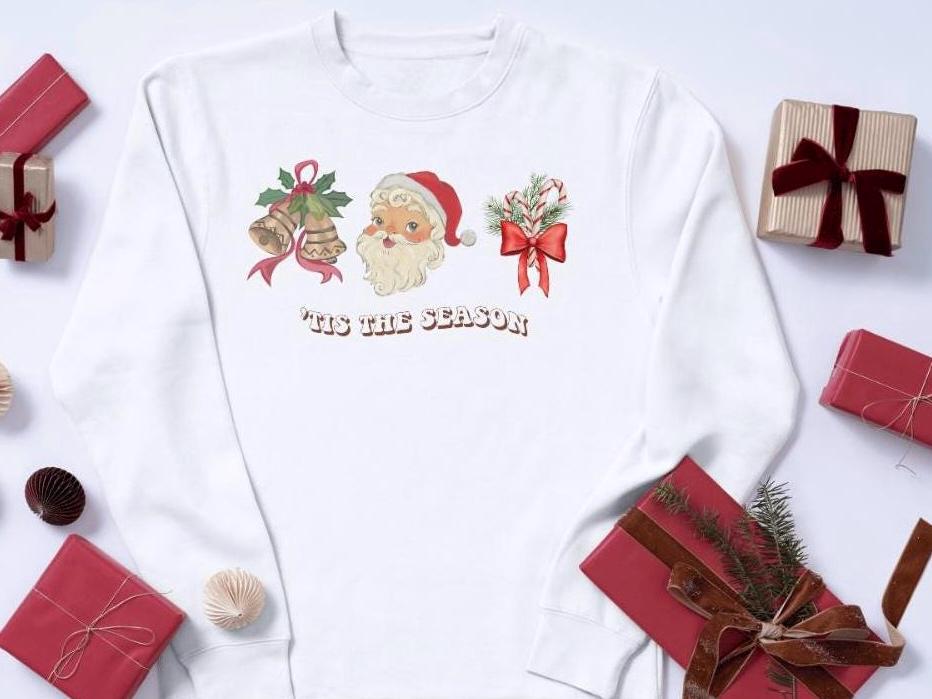 Christmas 'Tis the Season Santa Unisex Long Sleeve Tee - Holiday Candy Cane Shirt, Machine Washable - Red Ribbon Gold Bells, Xmas Gift Top,