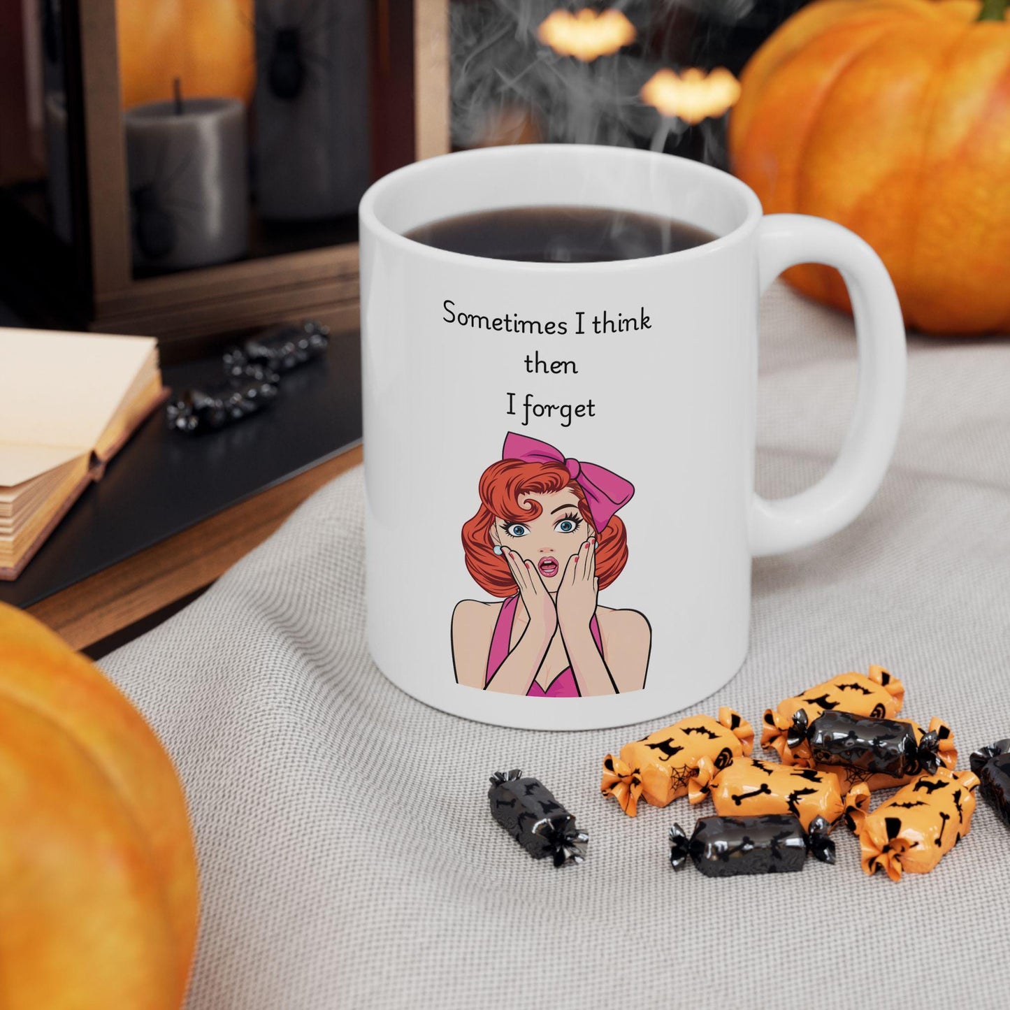 Retro Funny Ceramic Mug - 'Sometimes I Think Then I Forget' Design, Gift for Friends, Coffee Lovers, Birthday, Office Humor.