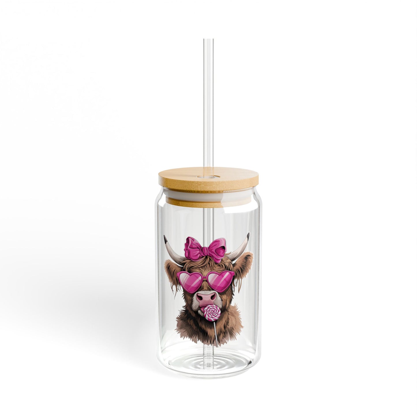 Pink Highland Cow Sipper Glass 16 oz with Lid & Straw