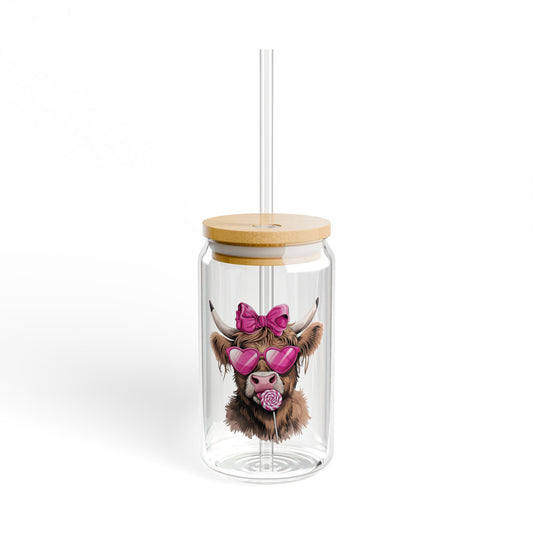 Pink Highland Cow Sipper Glass 16 oz with Lid & Straw