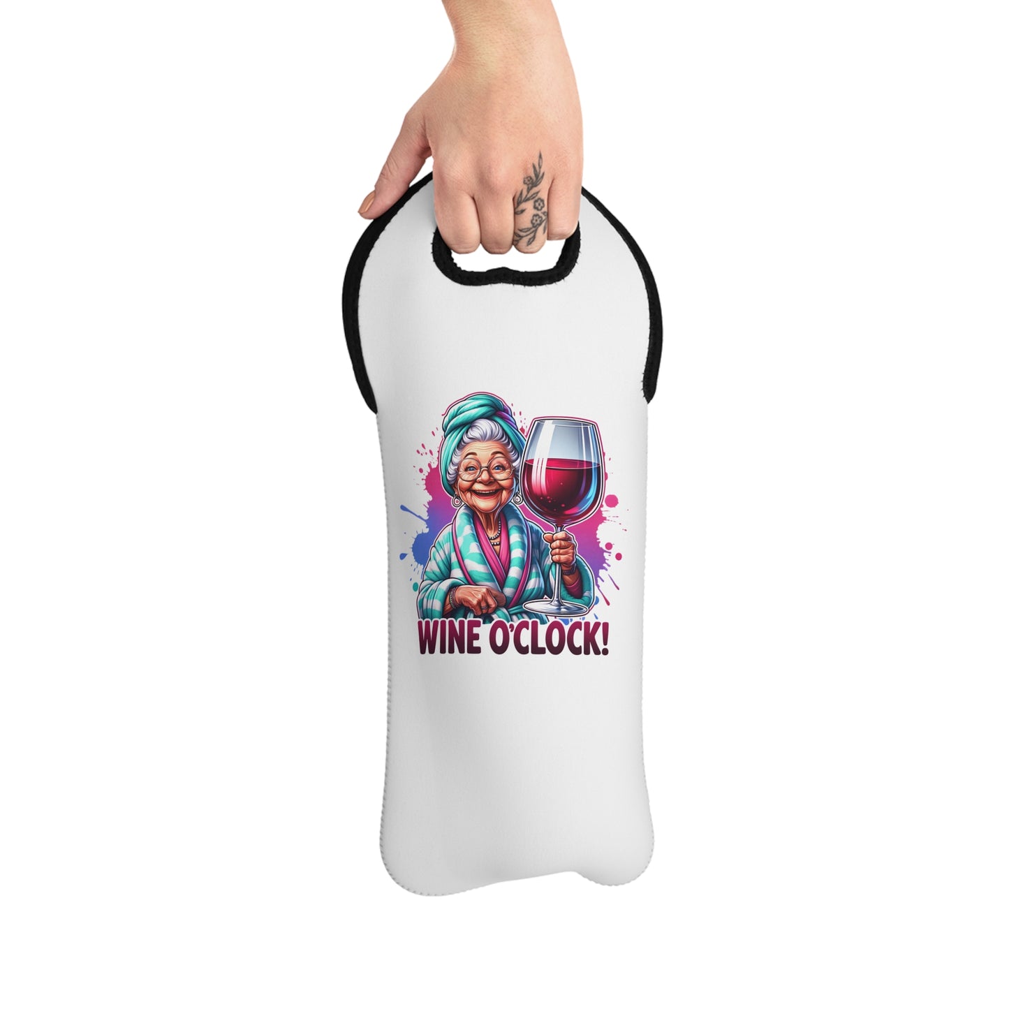 Wine O Clock Funny Sarcastic Neoprene Wine Tote Bag with Soft-Grip Handles, Black Fits 25oz-34oz Bottle,  Insulated, Reusable, Gift