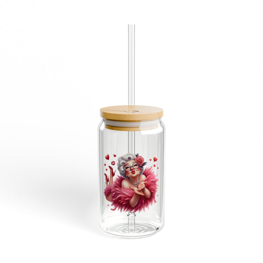 Valentines Sipper Glass 16 oz with Lid & Straw featuring Funny Old Mom