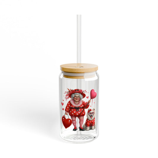 Valentines Sipper Glass 16 oz  with Lid & Straw, Funny Old Mom
