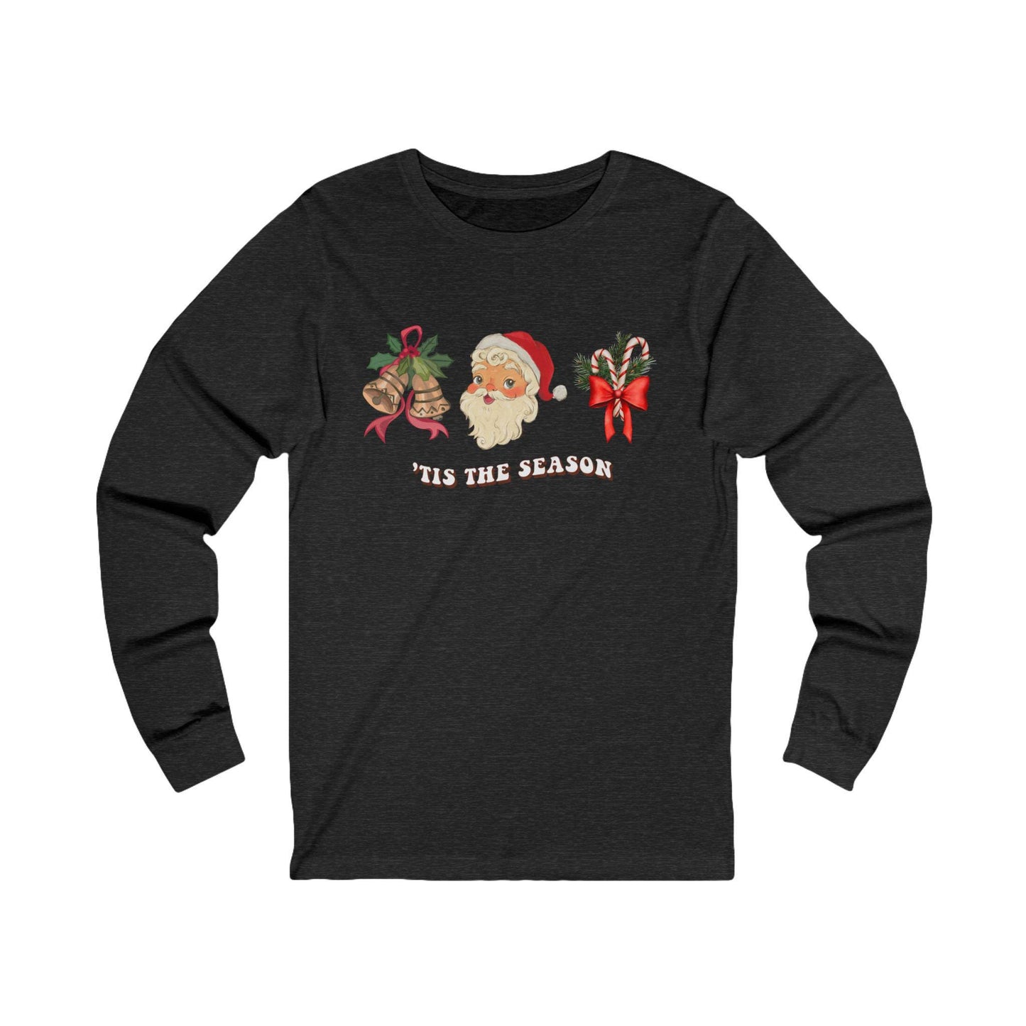 Christmas 'Tis the Season Santa Unisex Long Sleeve Tee - Holiday Candy Cane Shirt, Machine Washable - Red Ribbon Gold Bells, Xmas Gift Top,