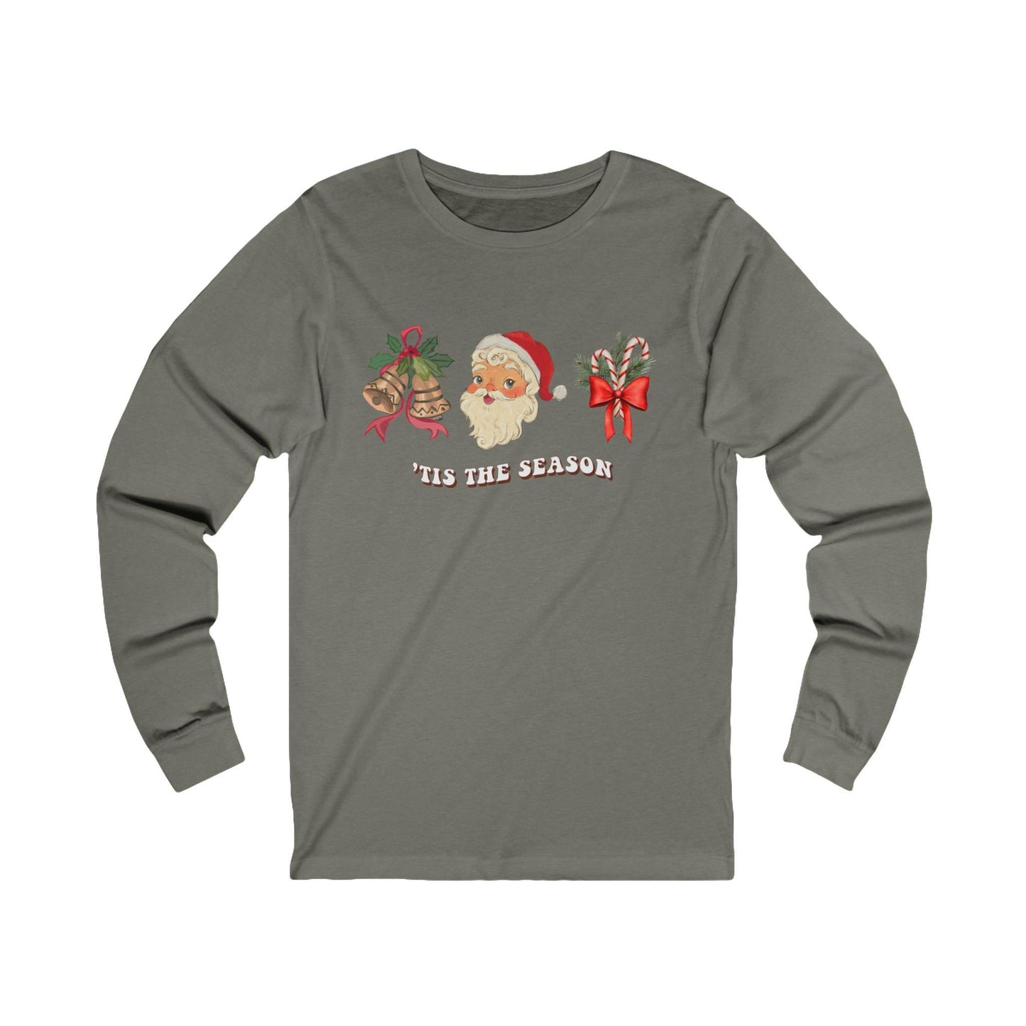 Christmas 'Tis the Season Santa Unisex Long Sleeve Tee - Holiday Candy Cane Shirt, Machine Washable - Red Ribbon Gold Bells, Xmas Gift Top,