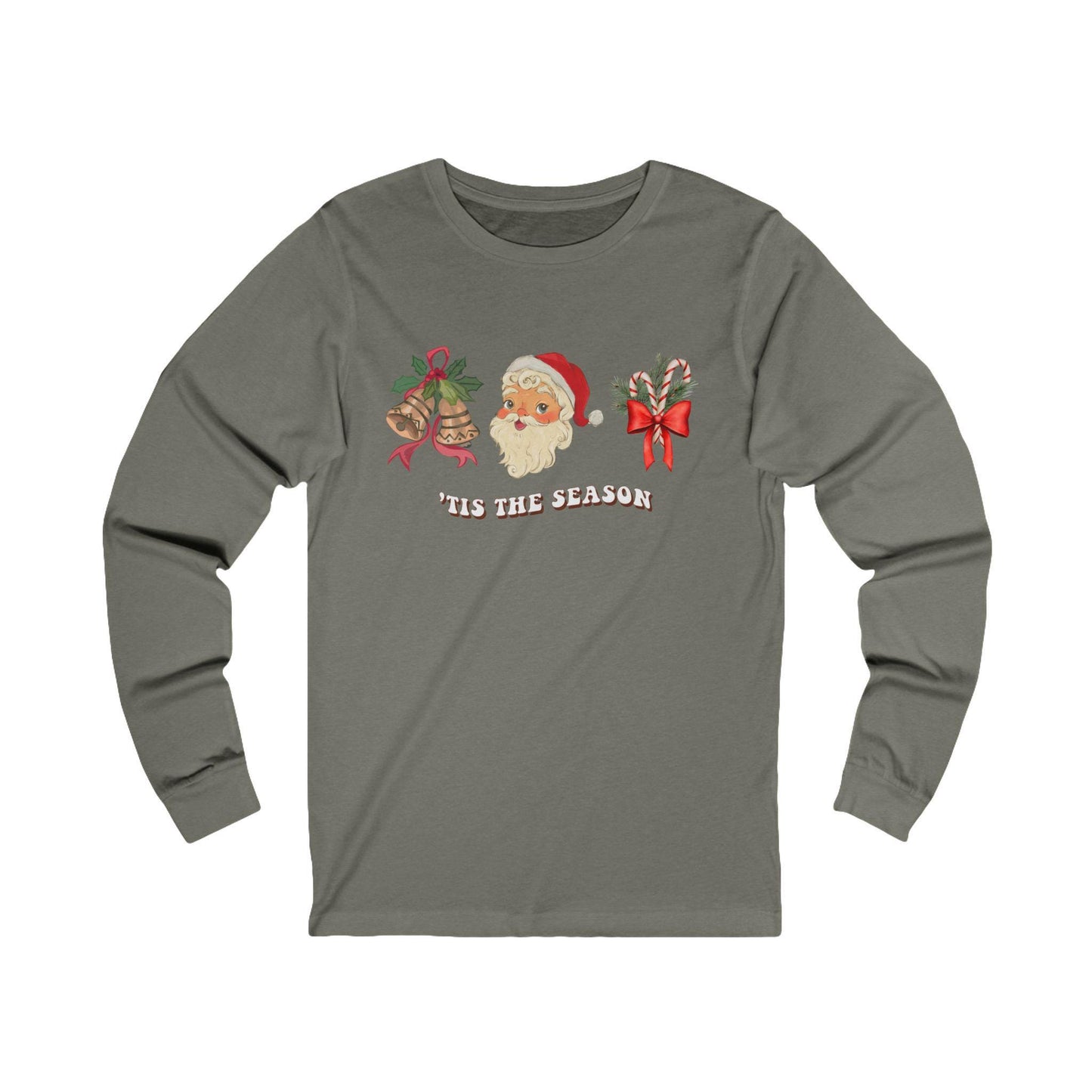 Christmas 'Tis the Season Santa Unisex Long Sleeve Tee - Holiday Candy Cane Shirt, Machine Washable - Red Ribbon Gold Bells, Xmas Gift Top,
