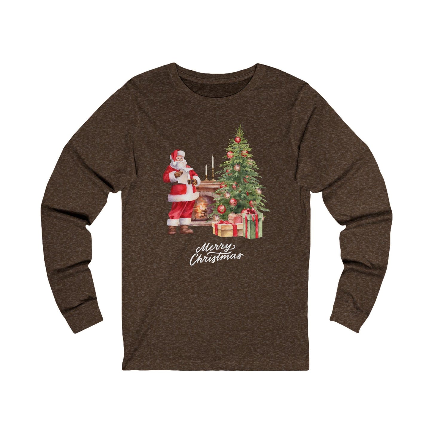 Christmas Storybook Santa Unisex Long Sleeve Tee, Fireplace Tree Picture, Holiday Season Apparel, Xmas Gift Shirt, Festive Winter Wear