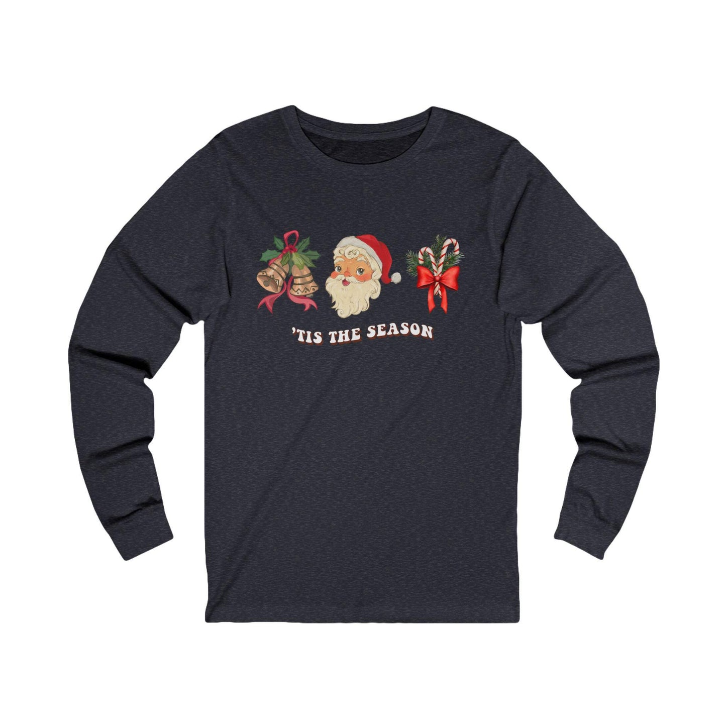 Christmas 'Tis the Season Santa Unisex Long Sleeve Tee - Holiday Candy Cane Shirt, Machine Washable - Red Ribbon Gold Bells, Xmas Gift Top,
