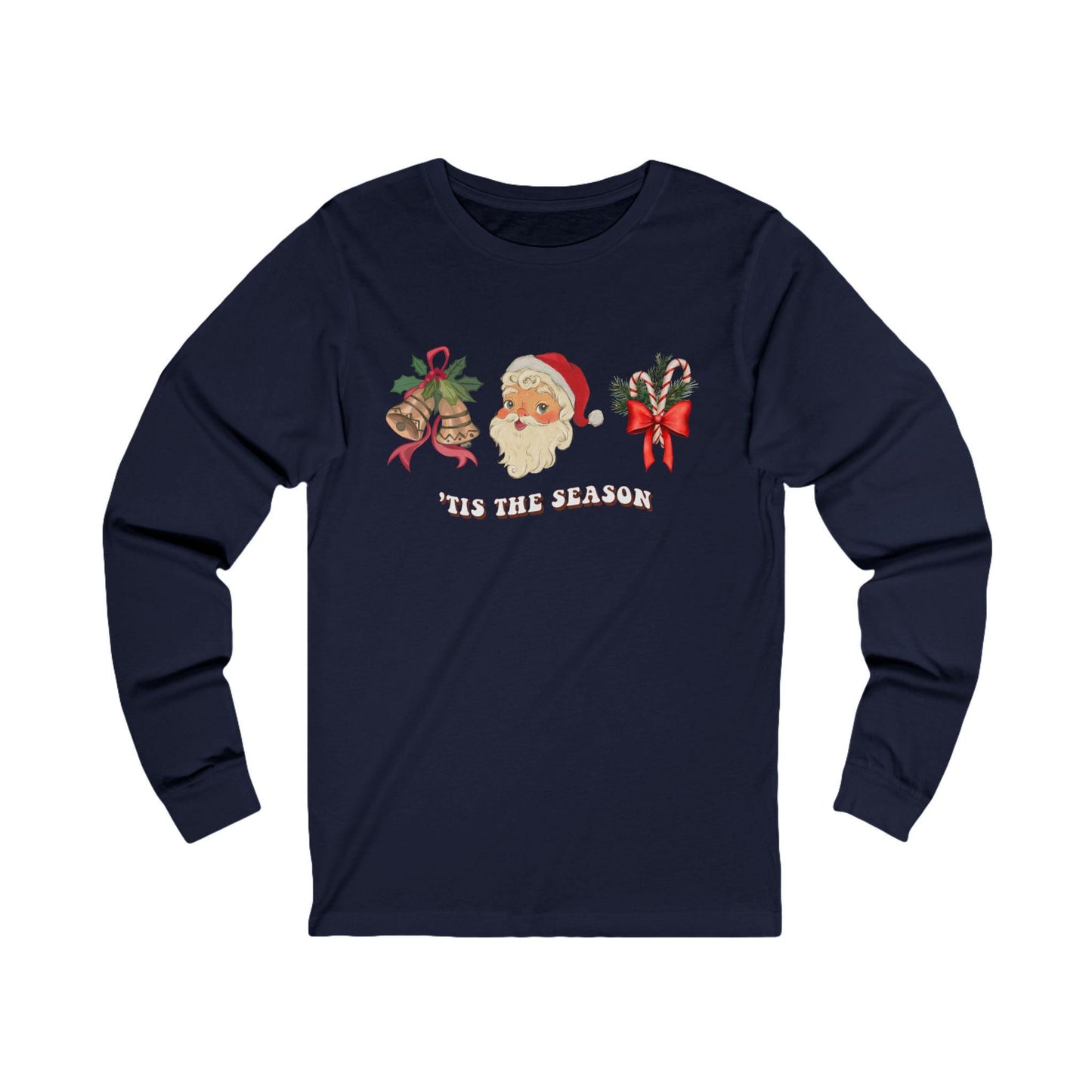 Christmas 'Tis the Season Santa Unisex Long Sleeve Tee - Holiday Candy Cane Shirt, Machine Washable - Red Ribbon Gold Bells, Xmas Gift Top,