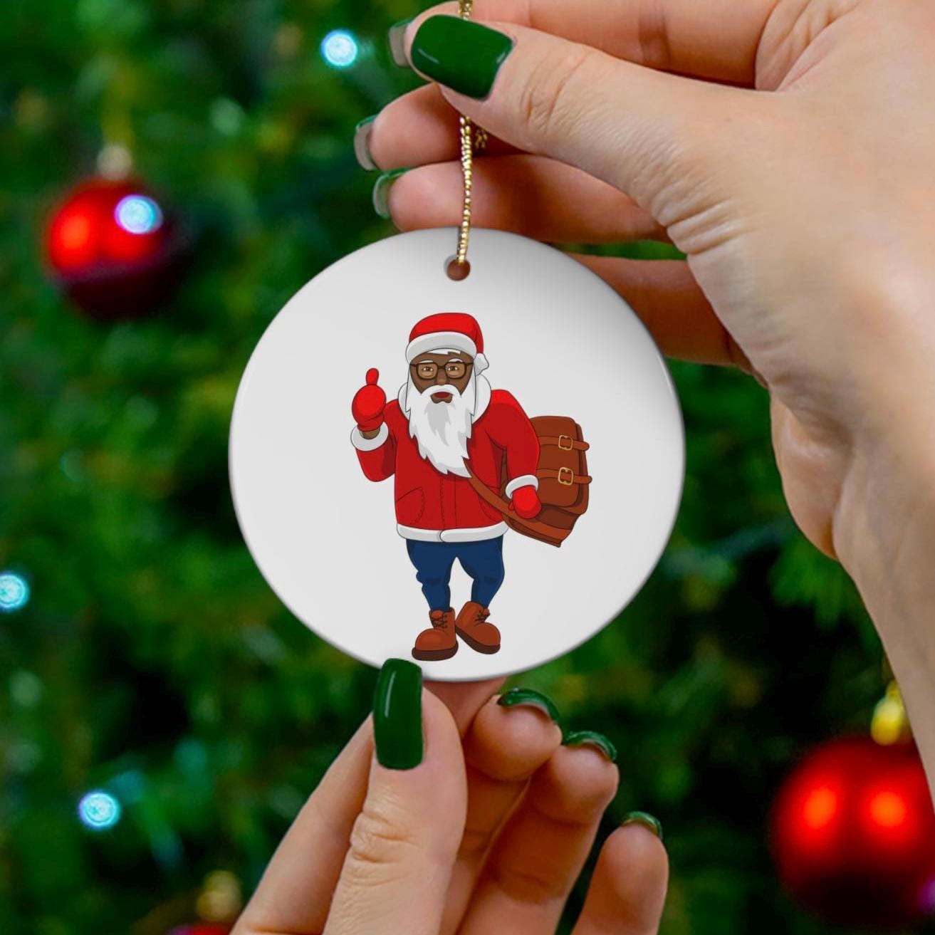 Black Santa Christmas Ornament, Santa Hitchhiking Ceramic Ornament, Christmas Decoration,  Festive Holiday Gift, Vibrant