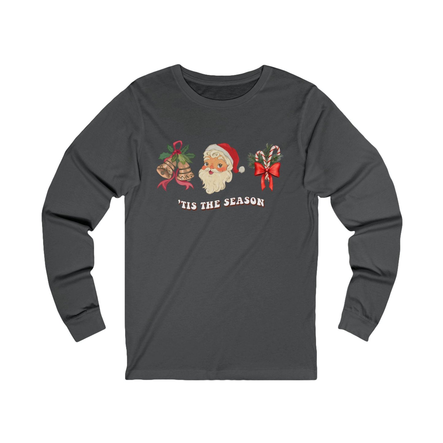 Christmas 'Tis the Season Santa Unisex Long Sleeve Tee - Holiday Candy Cane Shirt, Machine Washable - Red Ribbon Gold Bells, Xmas Gift Top,