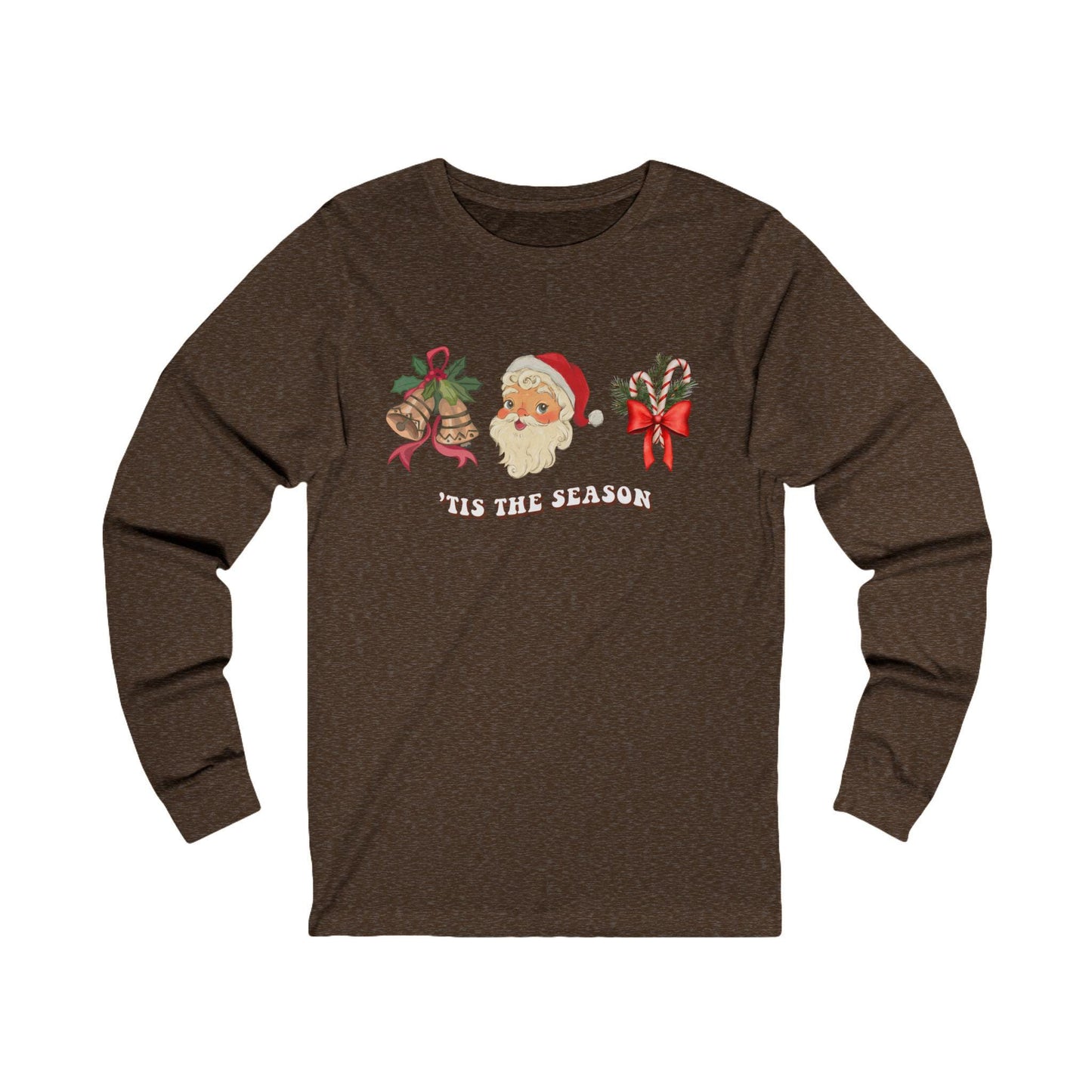 Christmas 'Tis the Season Santa Unisex Long Sleeve Tee - Holiday Candy Cane Shirt, Machine Washable - Red Ribbon Gold Bells, Xmas Gift Top,