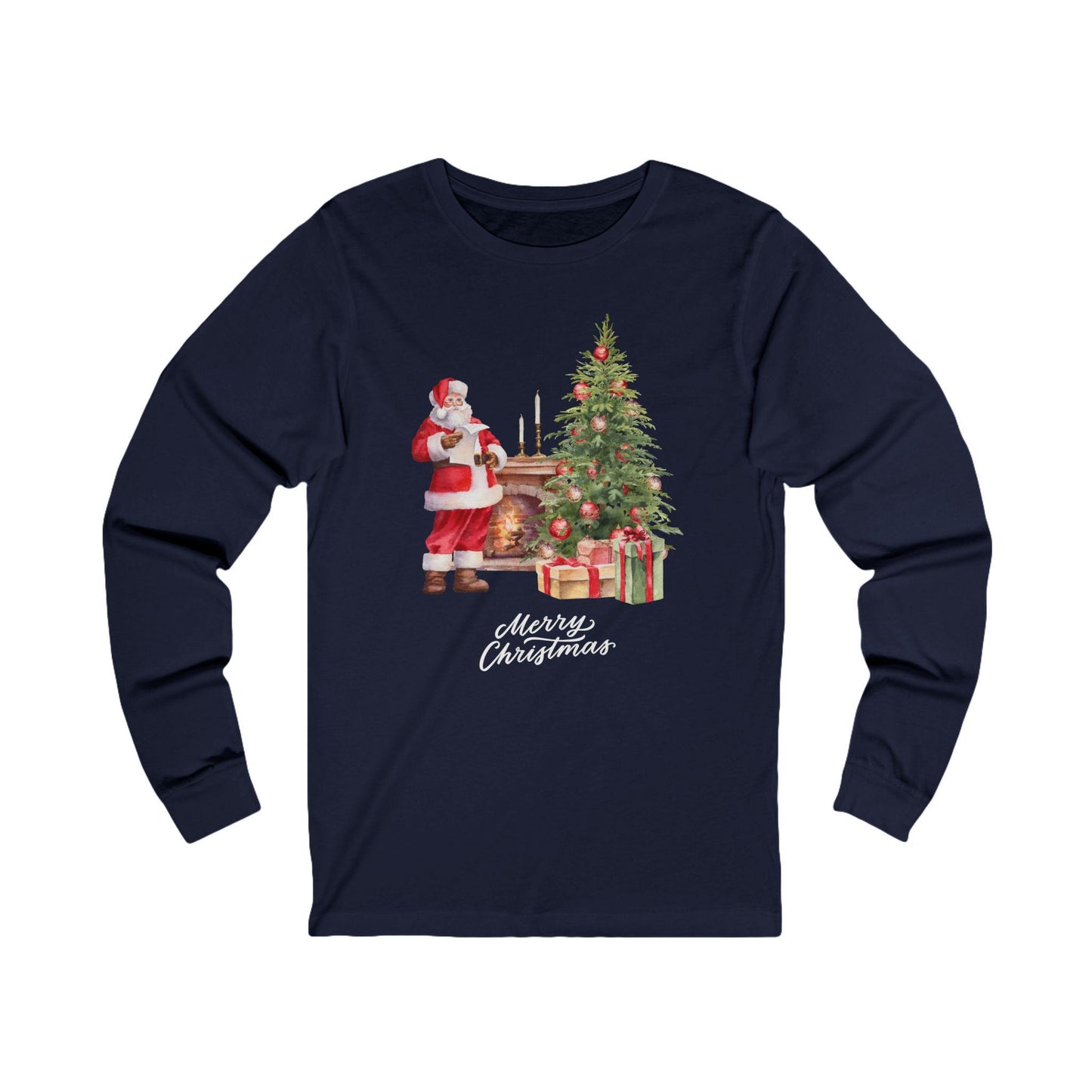 Christmas Storybook Santa Unisex Long Sleeve Tee, Fireplace Tree Picture, Holiday Season Apparel, Xmas Gift Shirt, Festive Winter Wear