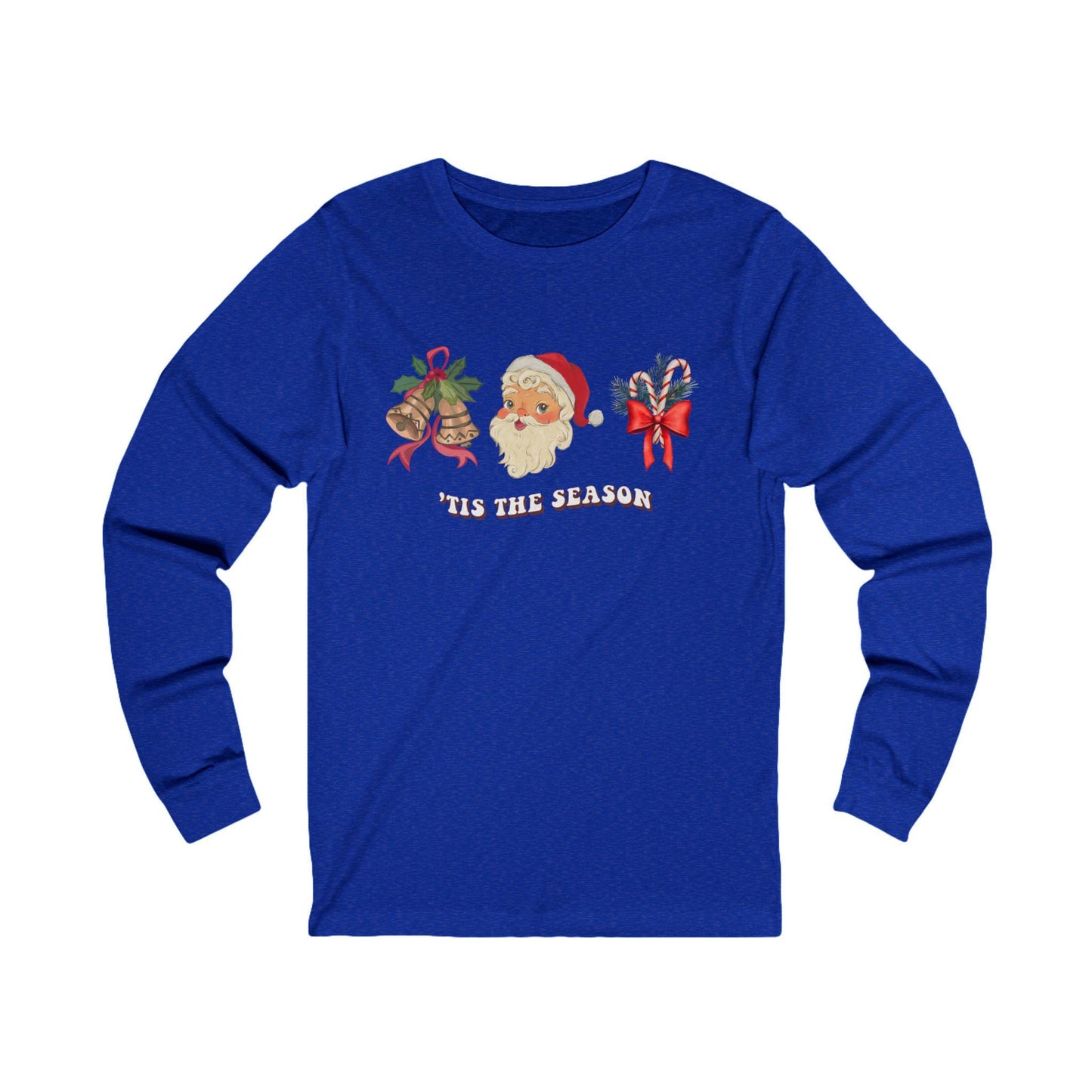 Christmas 'Tis the Season Santa Unisex Long Sleeve Tee - Holiday Candy Cane Shirt, Machine Washable - Red Ribbon Gold Bells, Xmas Gift Top,