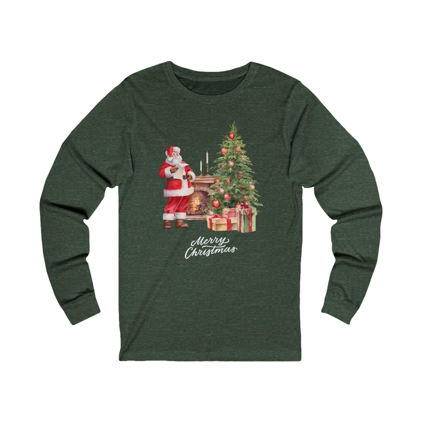 Christmas Storybook Santa Unisex Long Sleeve Tee, Fireplace Tree Picture, Holiday Season Apparel, Xmas Gift Shirt, Festive Winter Wear