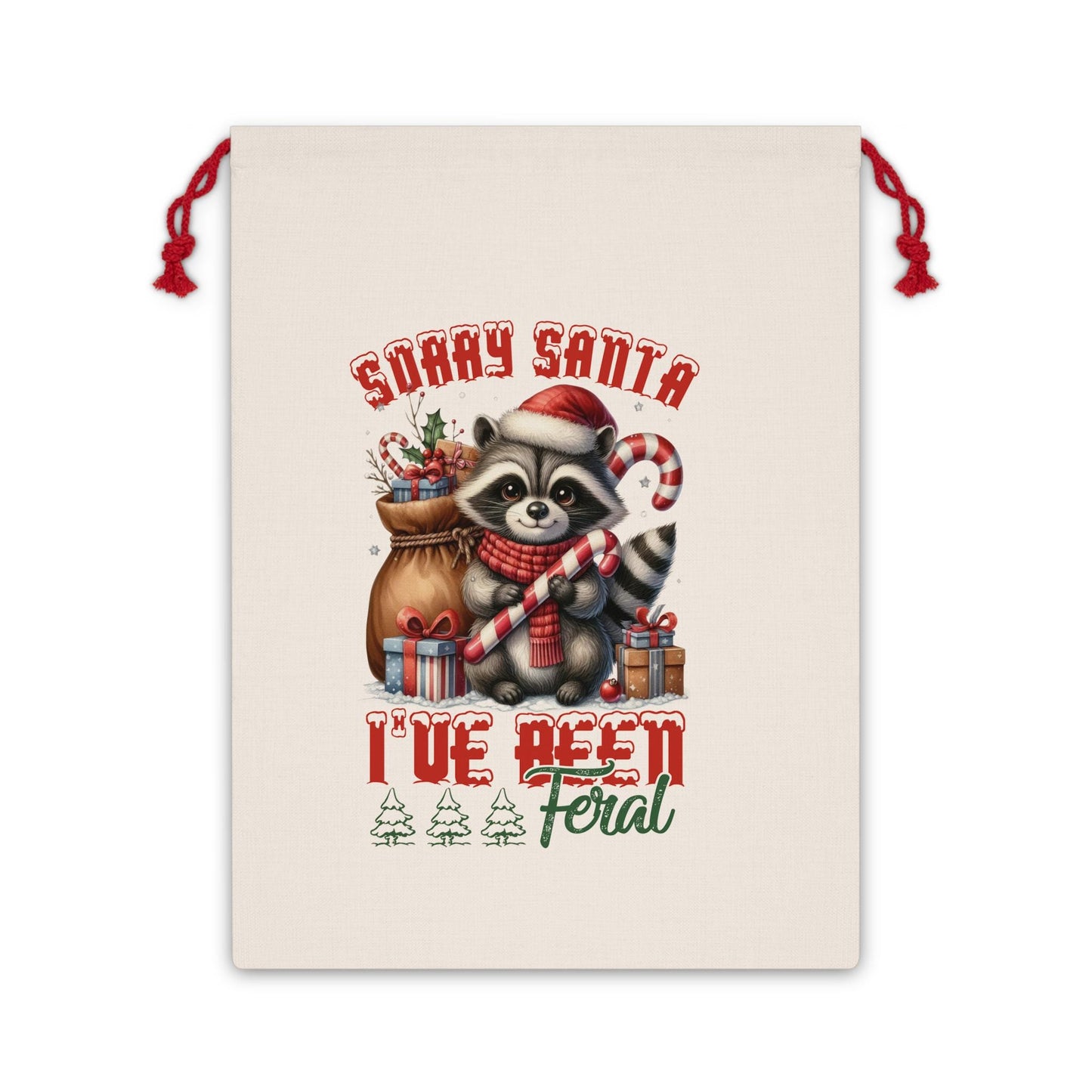 Christmas Gift Bag, 'Sorry Santa I've Been Feral' Christmas gift bags, Holiday Gift Wrap, Raccoon Theme,