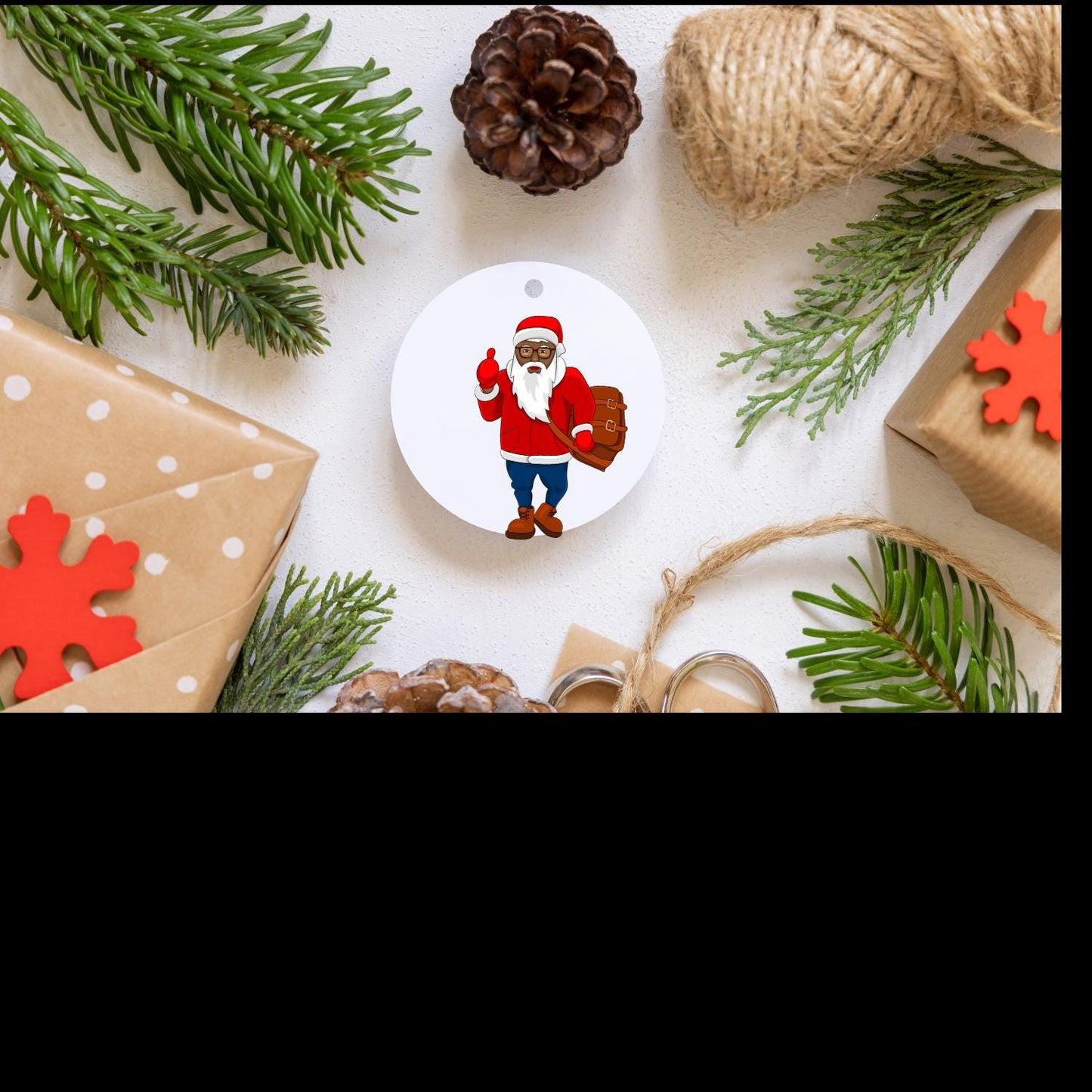 Black Santa Christmas Ornament, Santa Hitchhiking Ceramic Ornament, Christmas Decoration,  Festive Holiday Gift, Vibrant