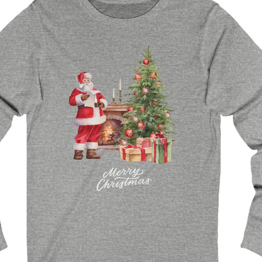 Christmas Storybook Santa Unisex Long Sleeve Tee, Fireplace Tree Picture, Holiday Season Apparel, Xmas Gift Shirt, Festive Winter Wear