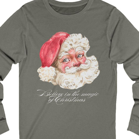 Vintage Santa Face Long Sleeve Tee, Christmas Magic Unisex Jersey, Holiday Ribbed Knit Tee, Xmas Side Seams Shirt, Festive Shoulder Tape Top
